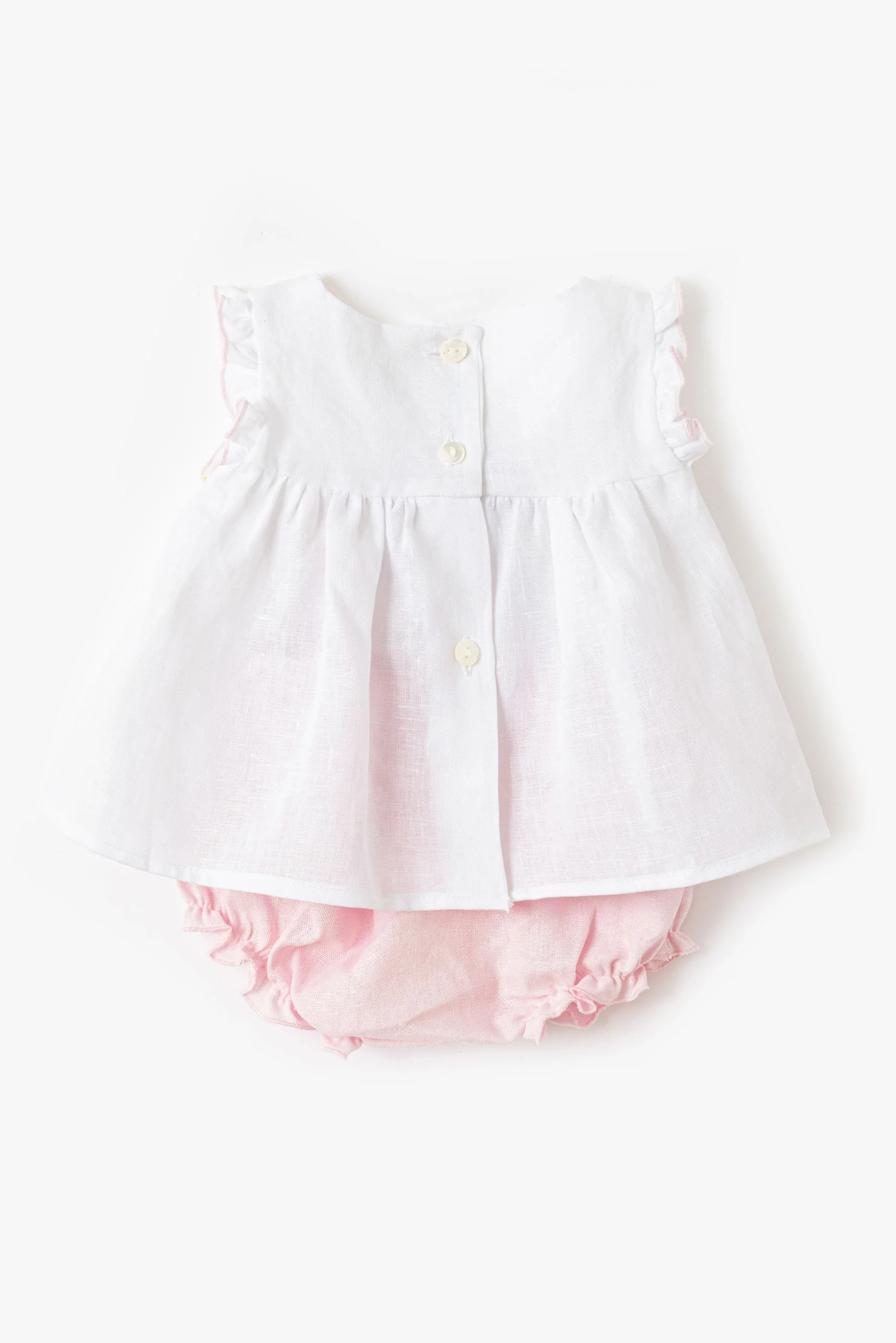 Camicina neonata lino bianco culotte rosa