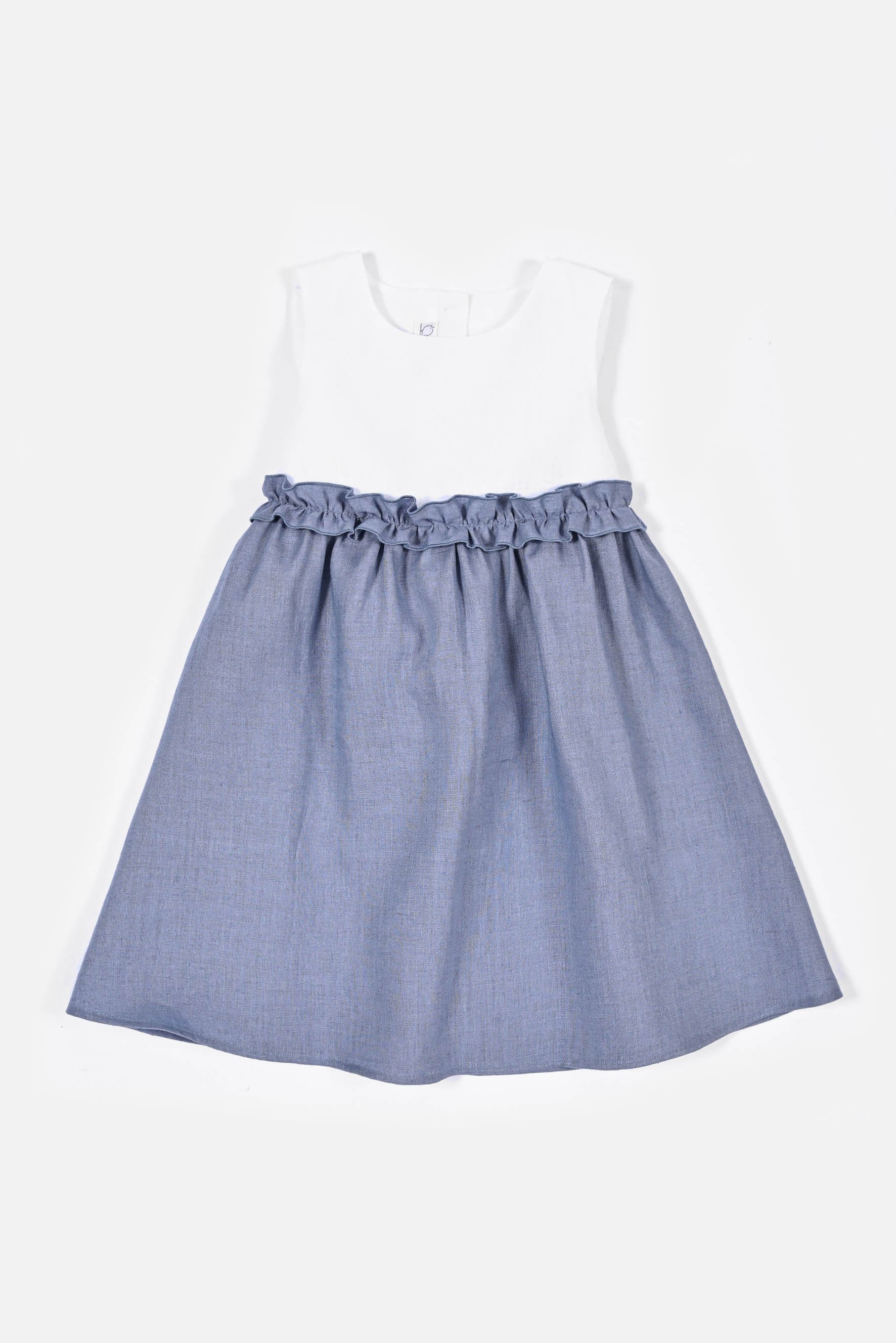 Scamiciato bambina lino bianco e blu tempesta Crochette