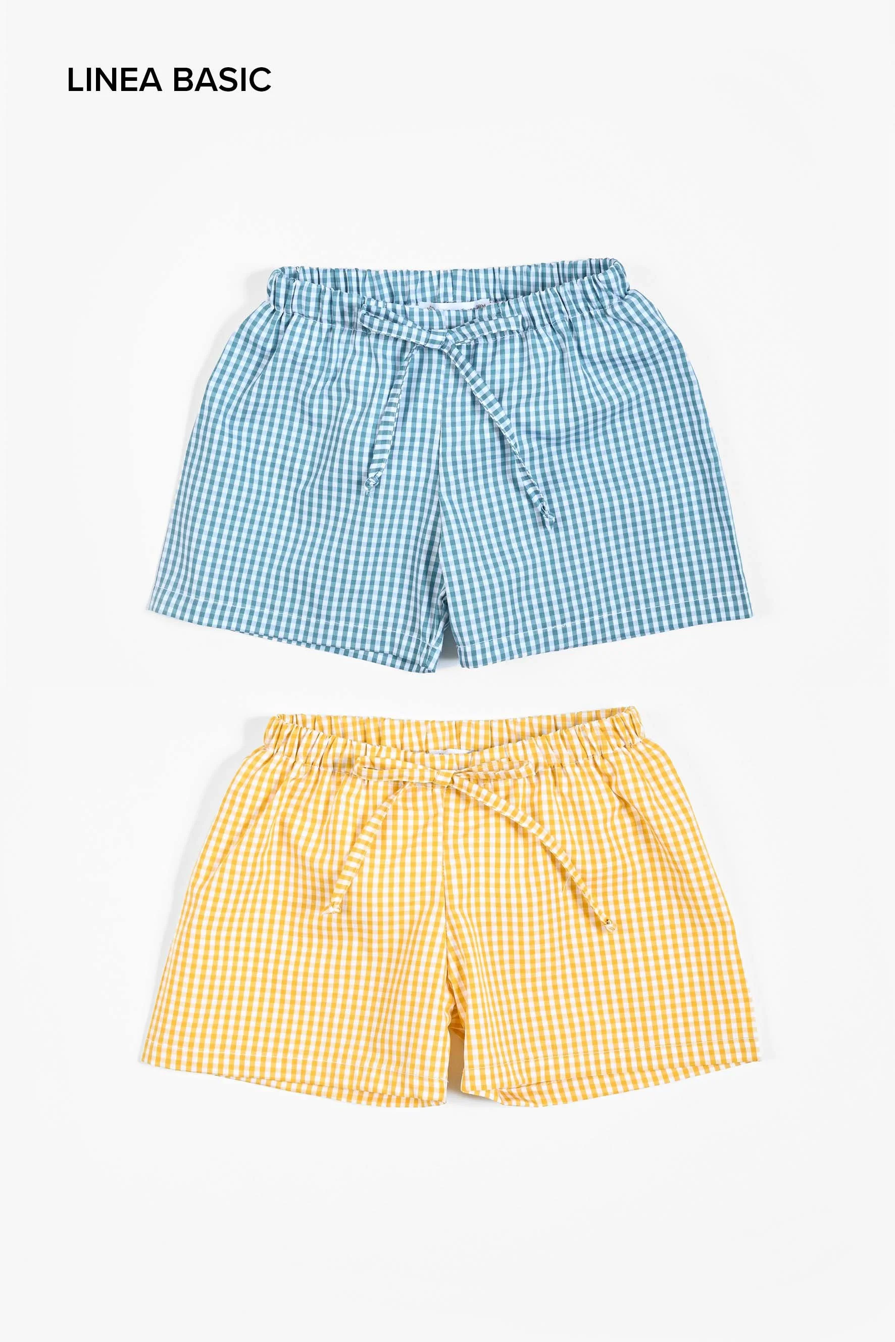 Pantaloncino mare bambino vichy giallo e ottanio