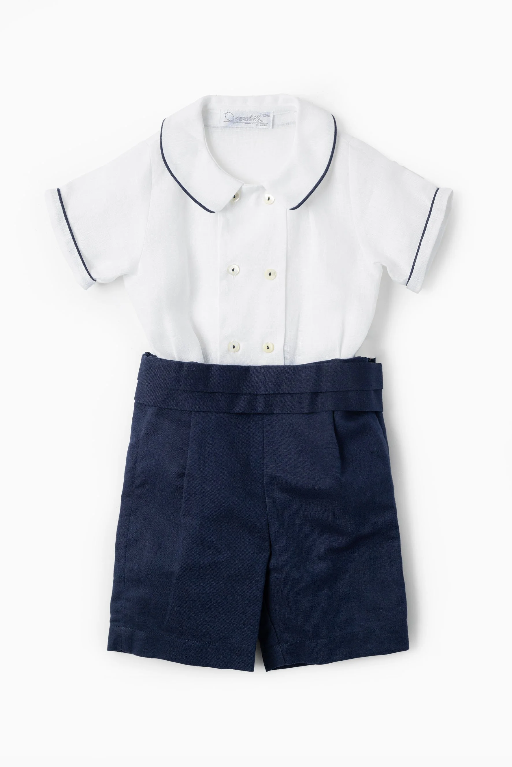 Completo camicia doppiopetto lino bianco e bermuda blu Crochette