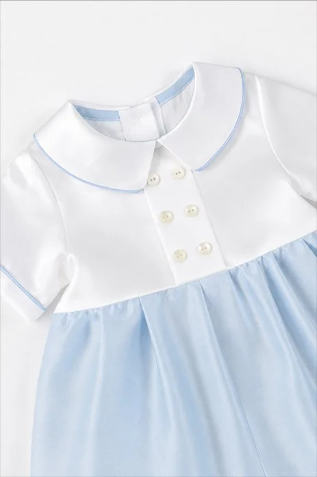 Pagliaccetto cerimonia neonato raso bianco e celeste dettaglio corpetto