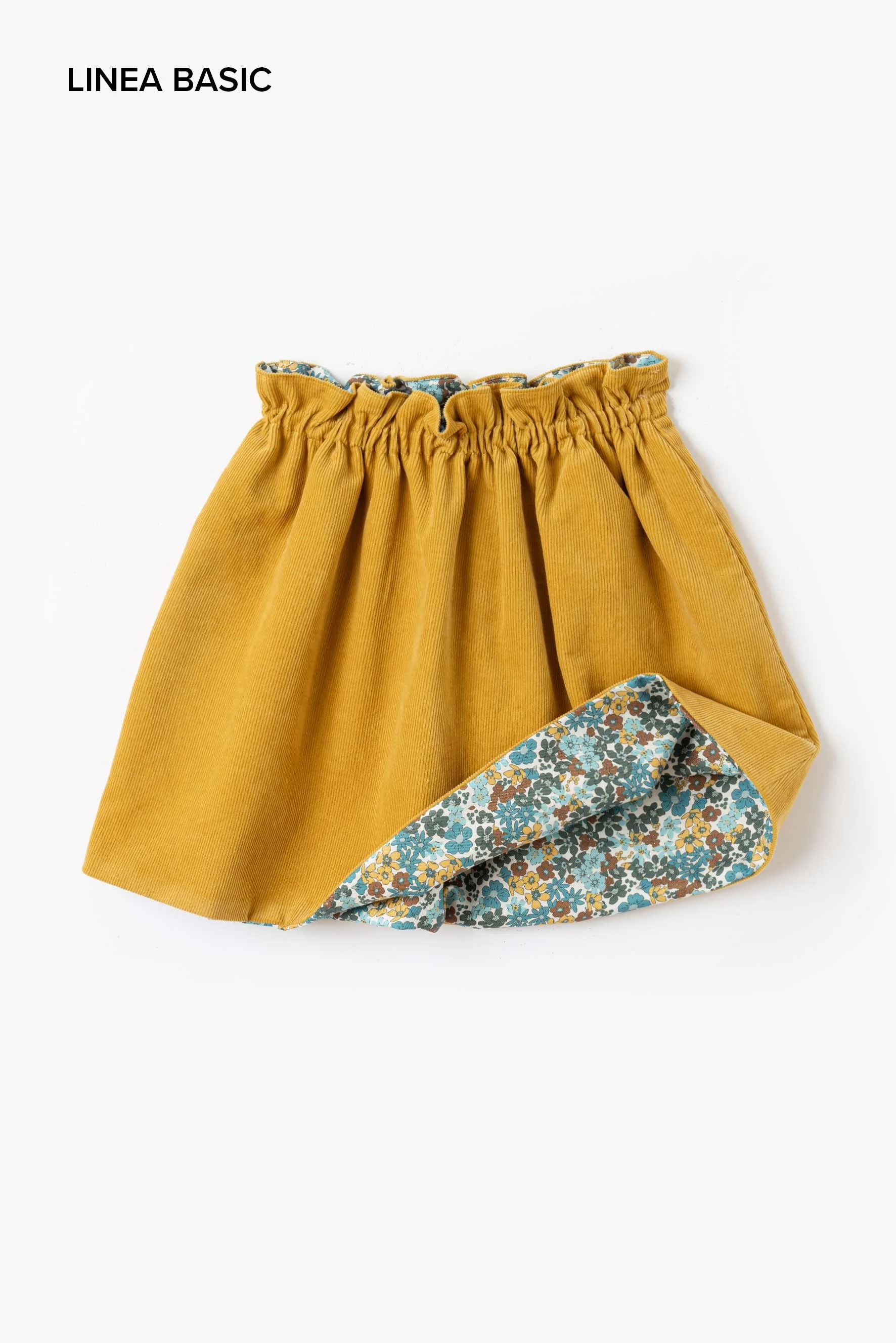 Gonna double face senape e fiore ottanio