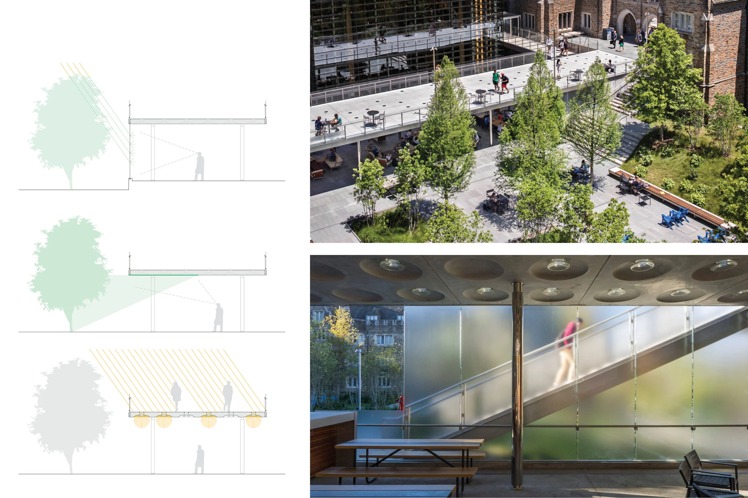 FROM TOP: ETCHED-GLASS WALLS CAPTURE LANDSCAPE COLOR, POLISHED CONCRETE SOFFIT REFLECTS SURROUNDING LANDSCAPE, CAST-GLASS LENSES PROJECT DAYLIGHT AND CIRCULATION ACTIVITY