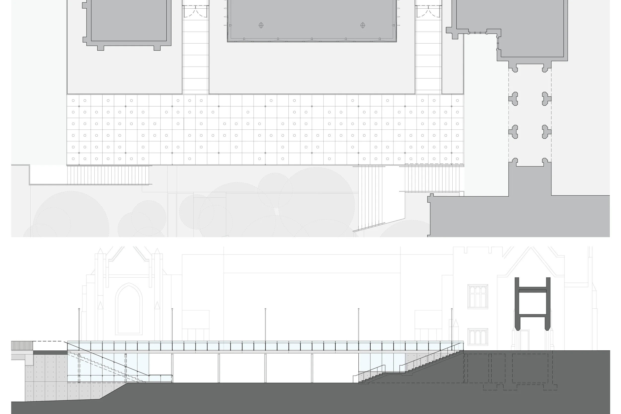 TOP: BRIDGE PAVILION PLAN; BOTTOM: BRIDGE PAVILION ELEVATION
