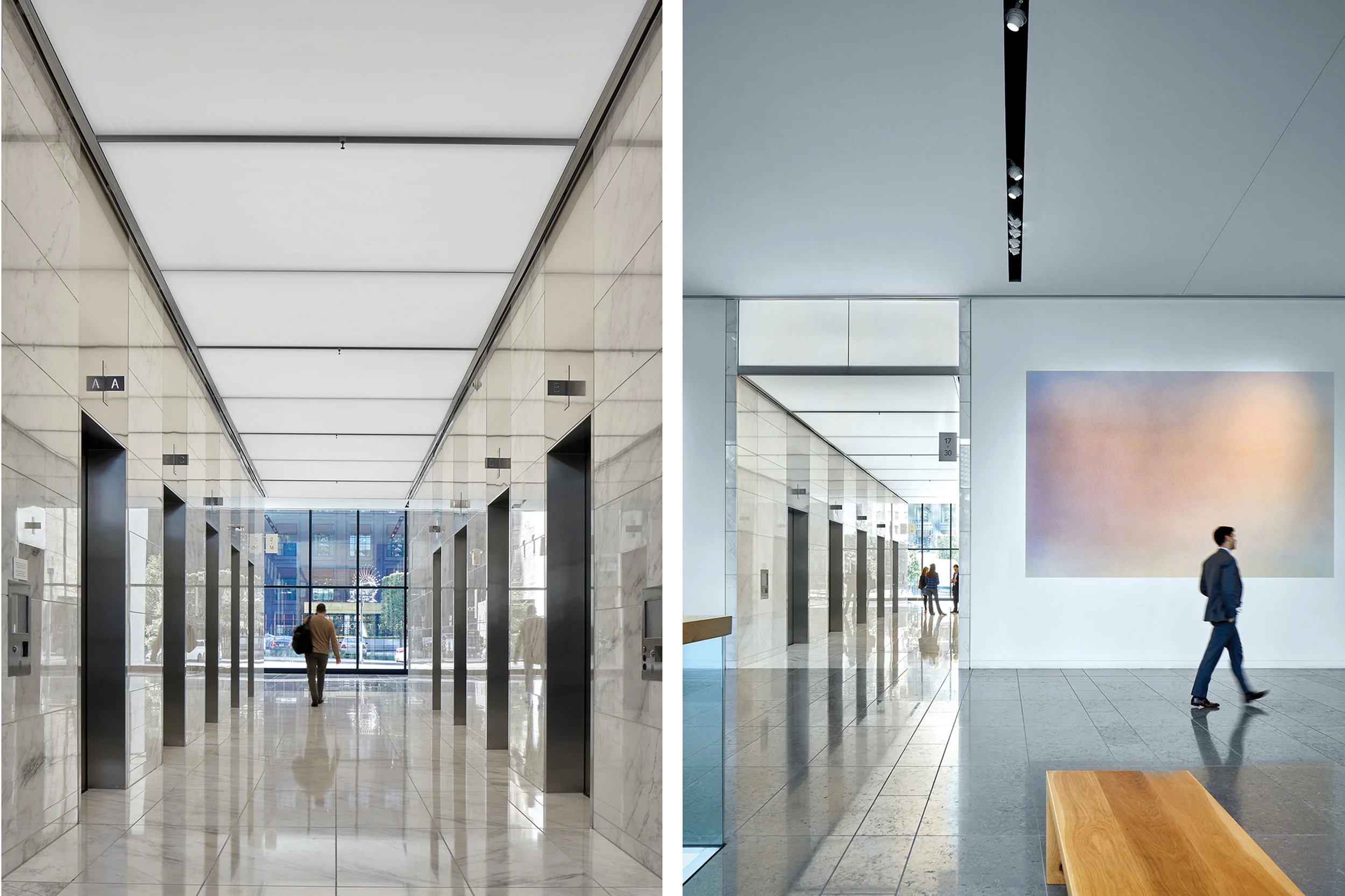 LEFT: ONE OF FOUR ELEVATOR LOBBBIES; RIGHT: VIEW FROM NORTH LOBBY LOOKING THROUGH ELEVATOR LOBBY