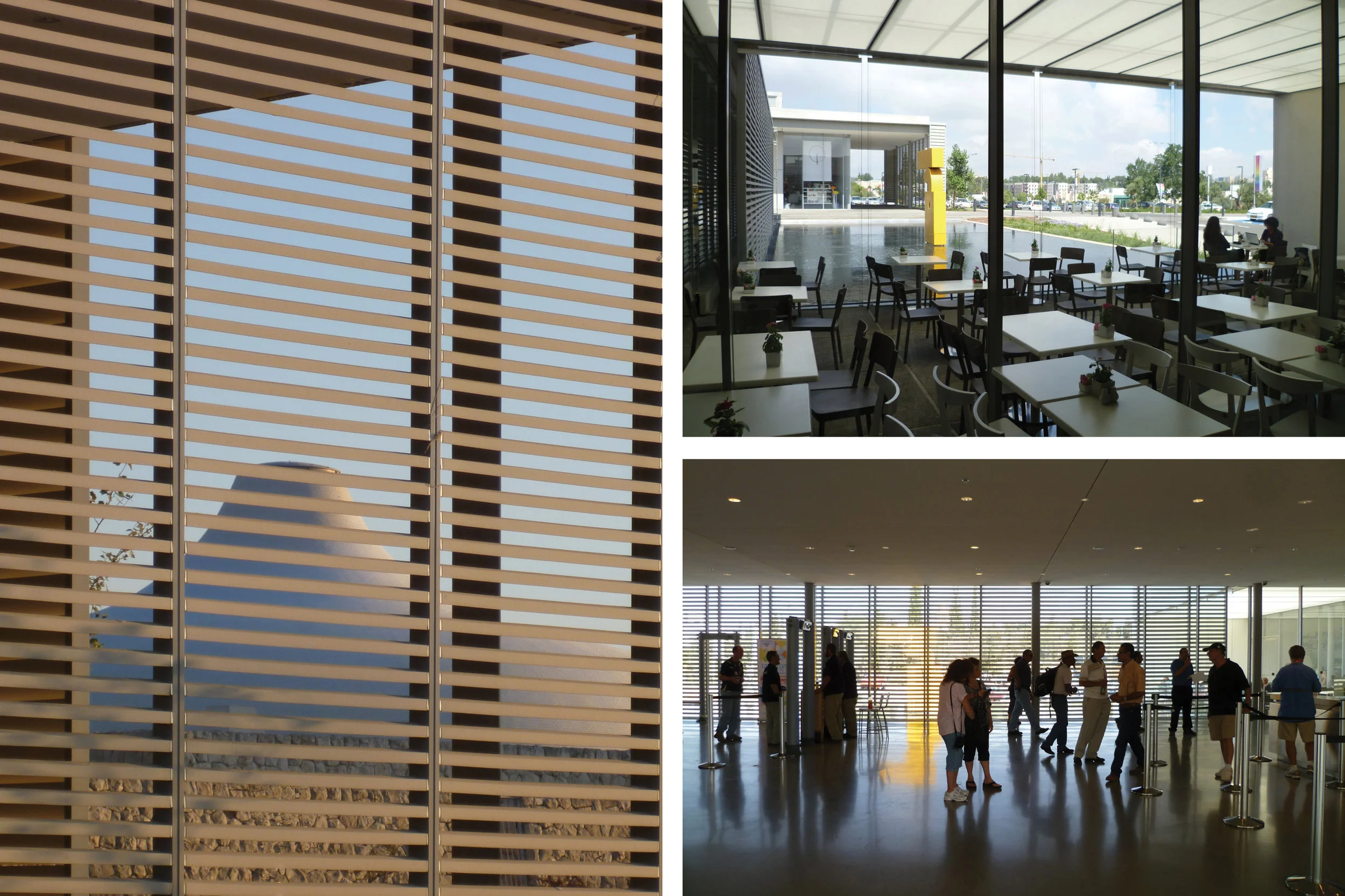 LEFT: VIEW OF SOUTH SCREEN AT RETAIL PAVILION; RIGHT: VIEW OF RETAIL PAVILION AND POOL FROM CAFE (TOP) AND SECURITY AND TICKETING (BOTTOM)