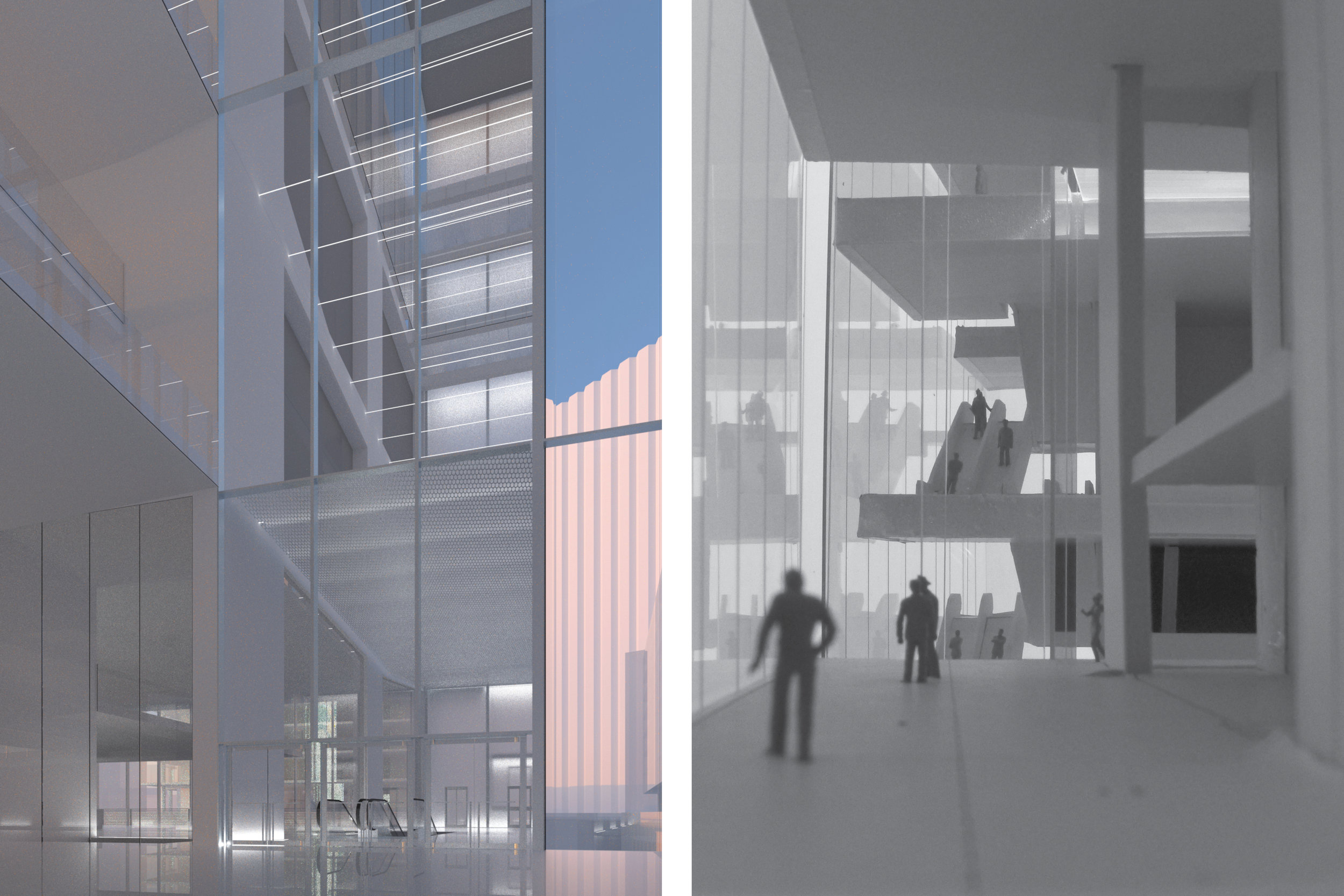 LEFT: VIEW OF SOUTH CINEMA LOBBY; MODEL PHOTO OF NORTH LOBBY
