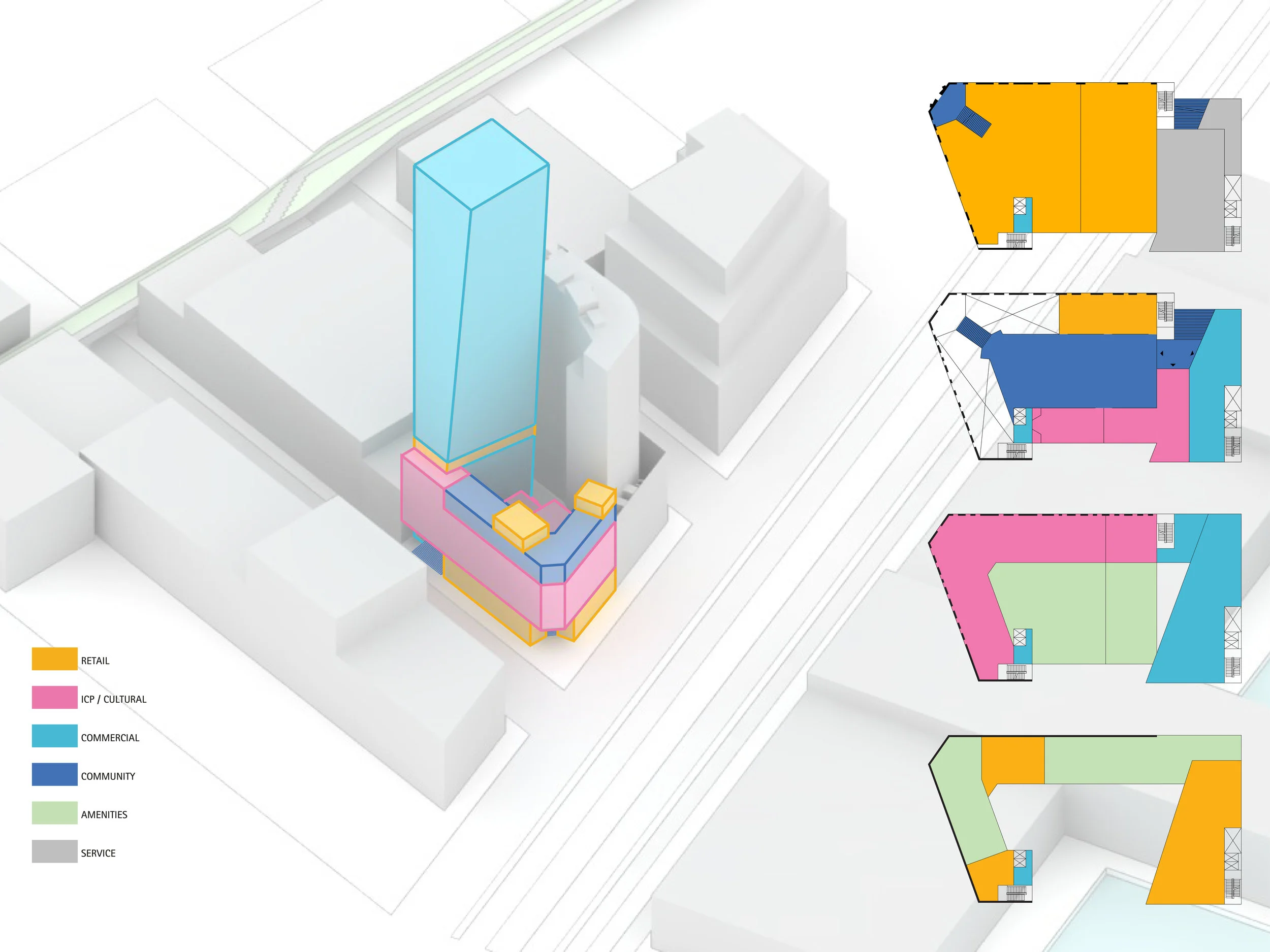 PROGRAM COMPONENTS; PLANS (FROM TOP) : 1ST FL, 2ND FL, 3RD–8TH FR, 9TH FL
