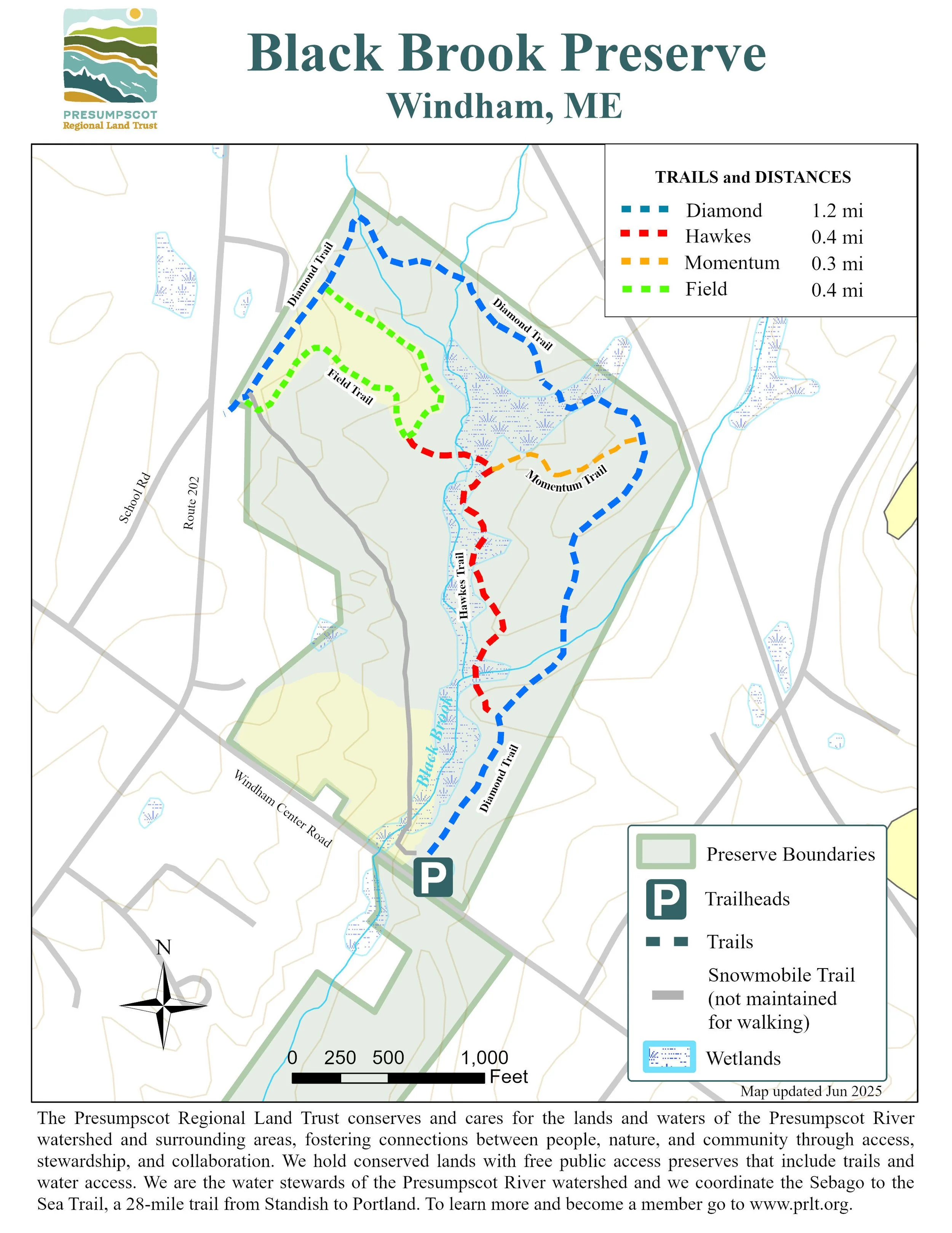 map of Black Brook Preserve showing four trails