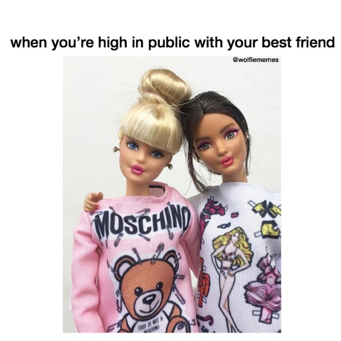 Reads: "When you're high in public with your best friend."; Image: two Barbie dolls wearing pajamas and messy buns.