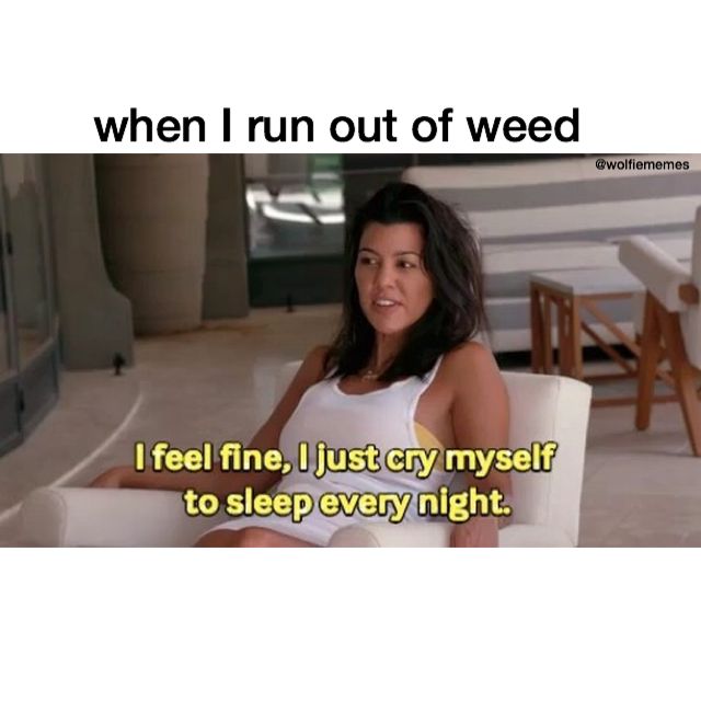 Reads: "When I run out of weed", Image: Kourtney Kardashian and text reads "I feel fine, I just cry myself to sleep every night."