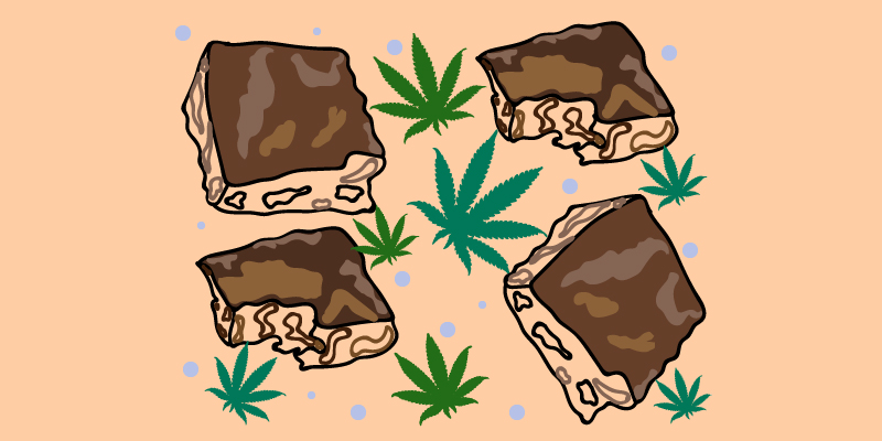 Hand Drawn Illustration by @dmblunted featuring Brownies and Cannabis leaves.