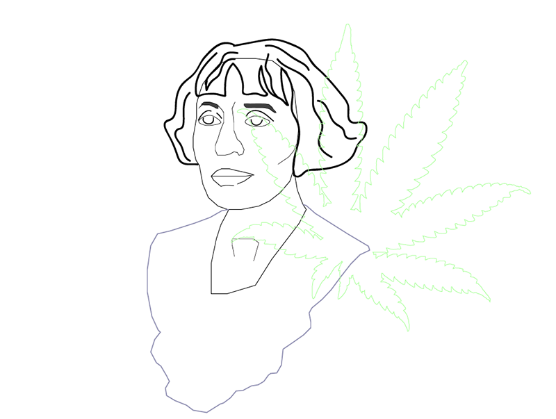 Alice B. Toklas Illustration by @dmblunted featuring Alice Toklas outlined with cannabis leaf behind her. 