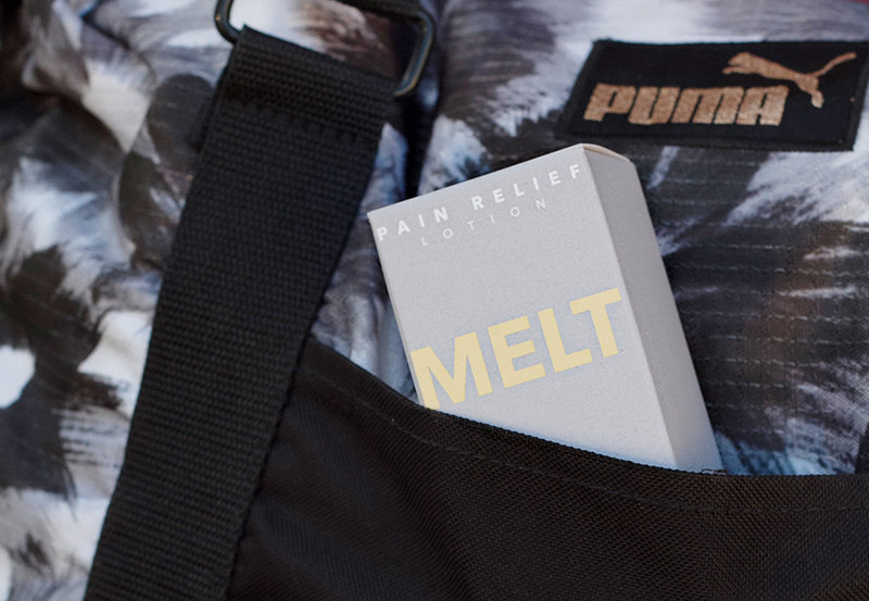 Kush Queen Shop's Melt CBD Relief Lotion packed in a gym bag, ready for your cbd post workout recovery. 