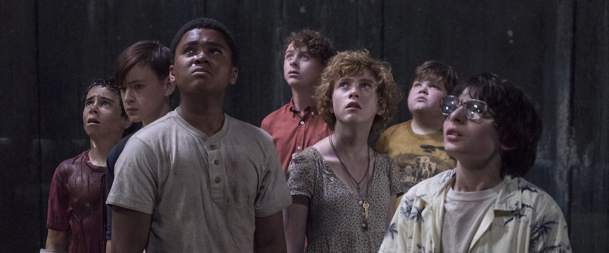 From left to right: Jack Dylan Grazer , Jaeden Lieberher, Chosen Jacobs , Wyatt Oleff , Sophia Lillis, Jeremy Ray Taylor , and Finn Wolfhard in It