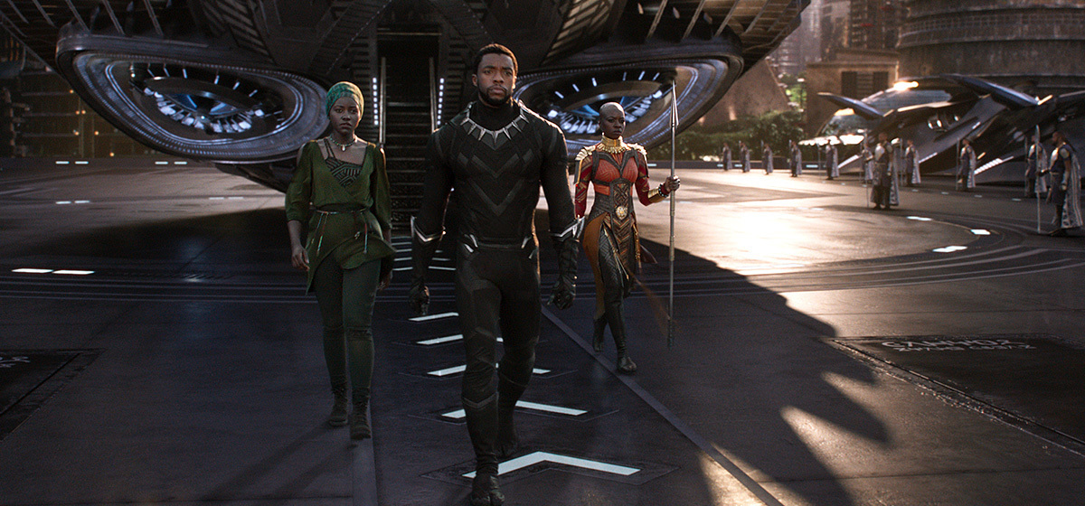 From left to right: Lupita Nyong’o, Chadwick Boseman, and Danai Gurira in Black Panther