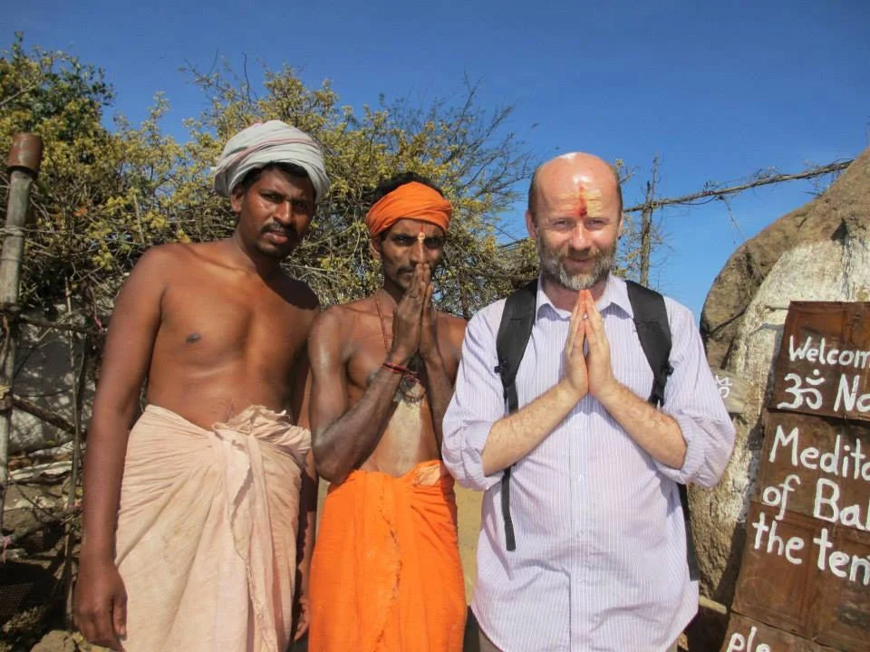 Having received a special blessing from two Hindu Sadhus at the top of Mt Arunachala, Tiruvannamalai.