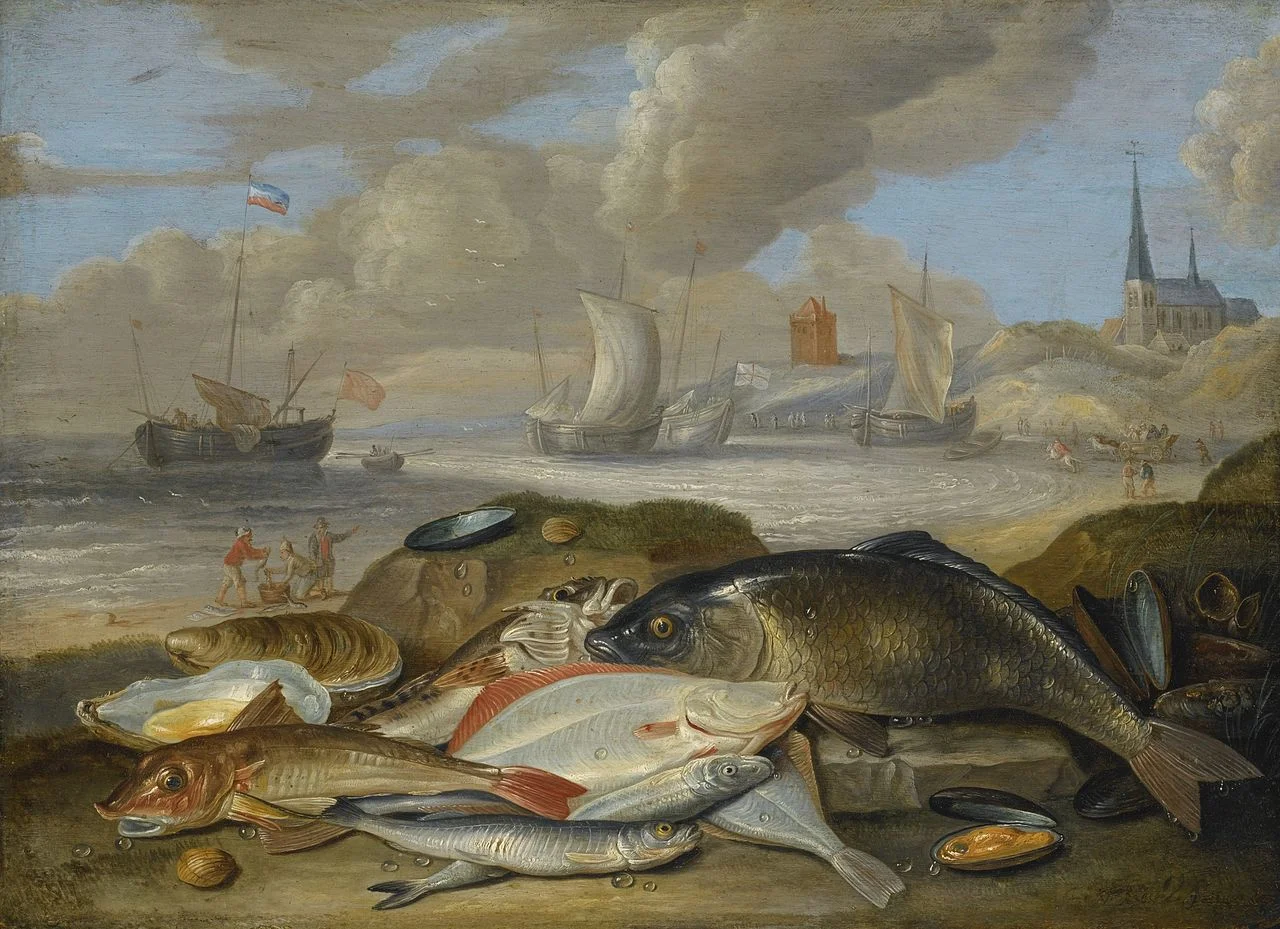 Still Life of Fish in a Harbor Landscape, Jan van Kessel the Elder, 1660
