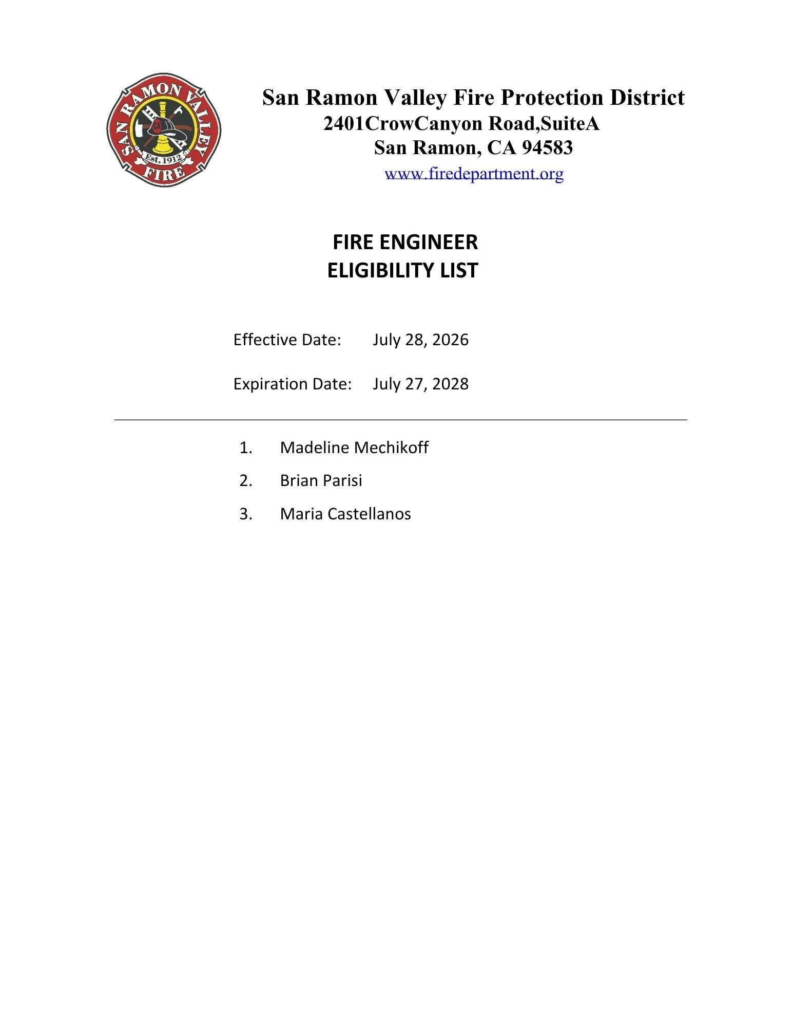 Fire Engineer Eligibility List, effective July 28, 2026 through July 27, 2028. In rank order: 1 Madeline Mechikoff, 2 Brian Parisi, 3 Maria Castellanos.