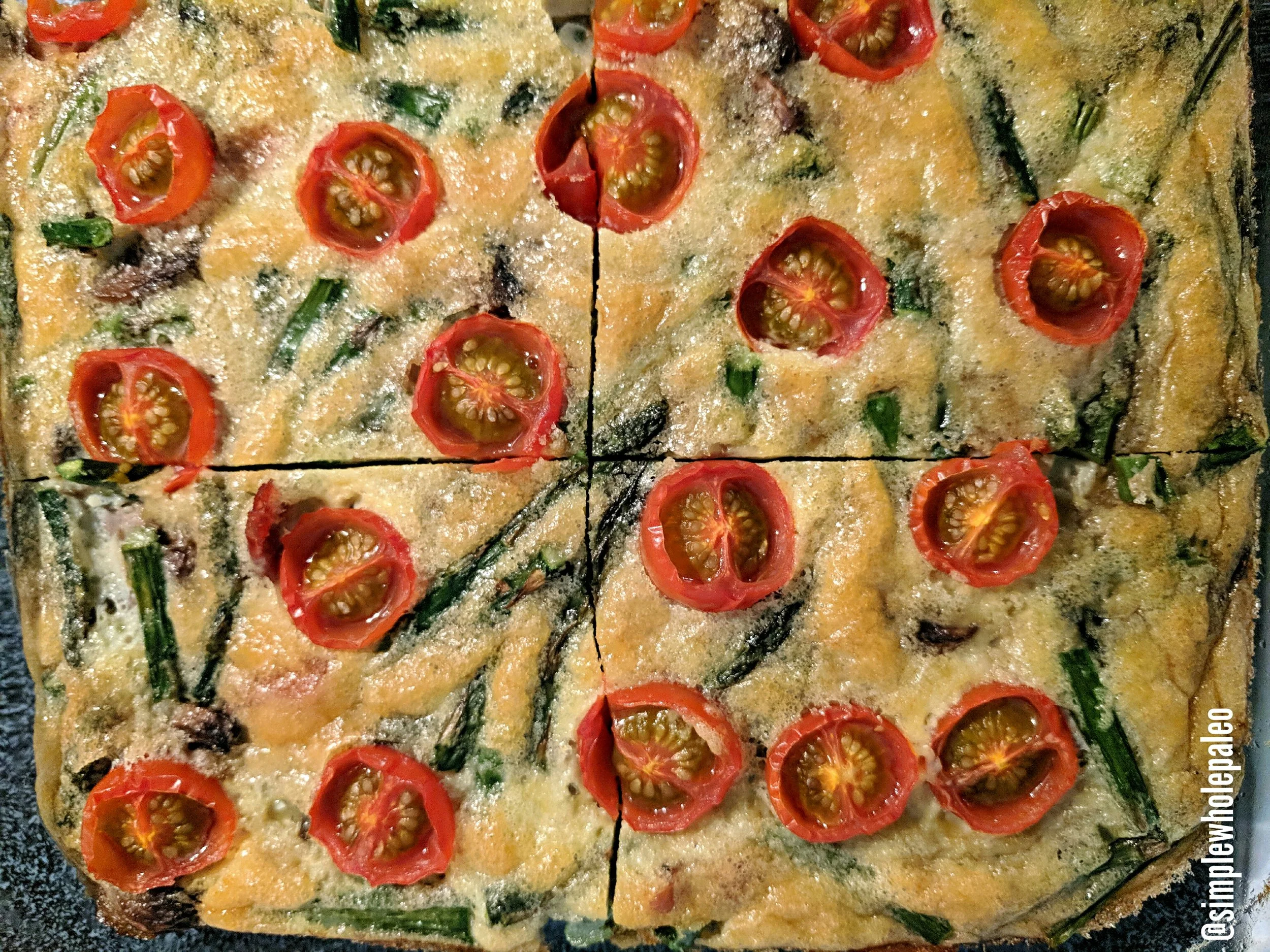 Proscuitto, asparagus, mushroom & tomato egg bake