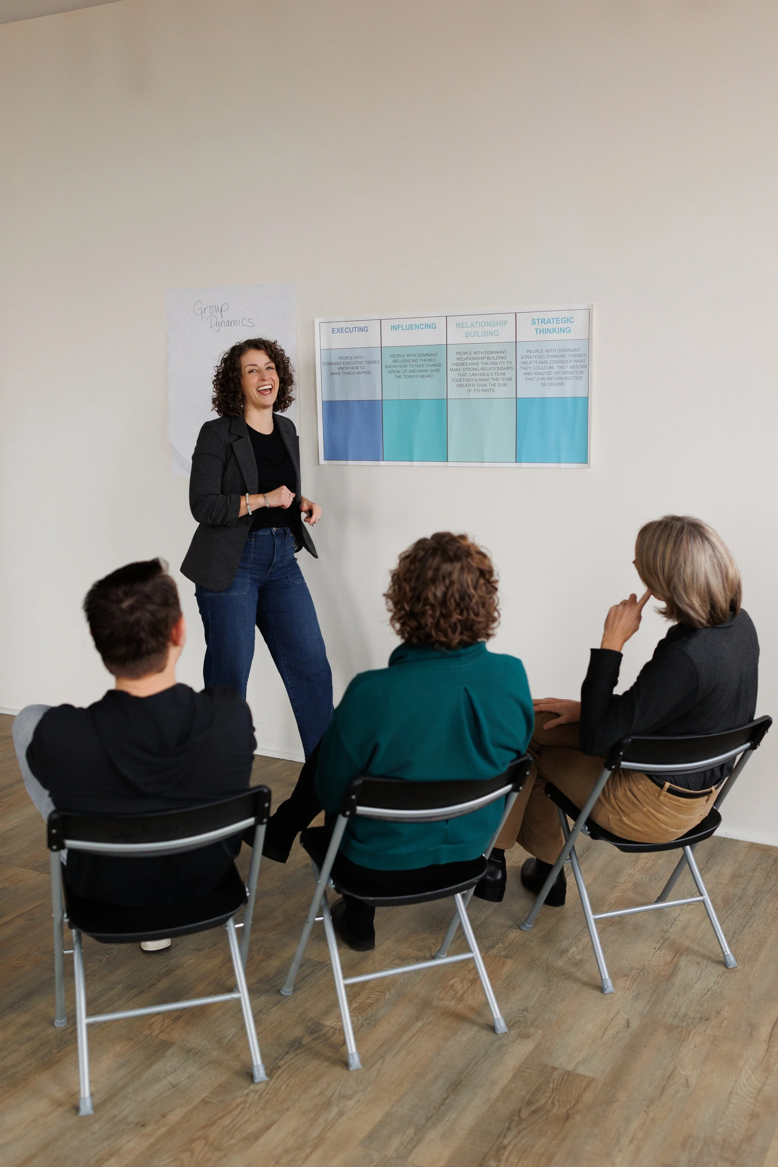 A woman presenter standing in front of a group of three seated women in a meeting room, with a presentation chart on the wall behind her.