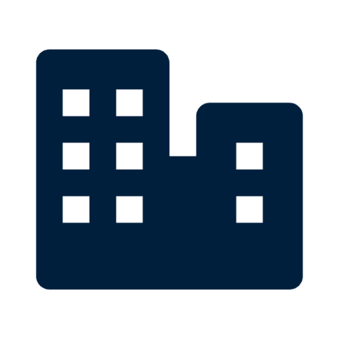 Icon of two dark blue buildings or skyscrapers with multiple windows, one taller than the other.