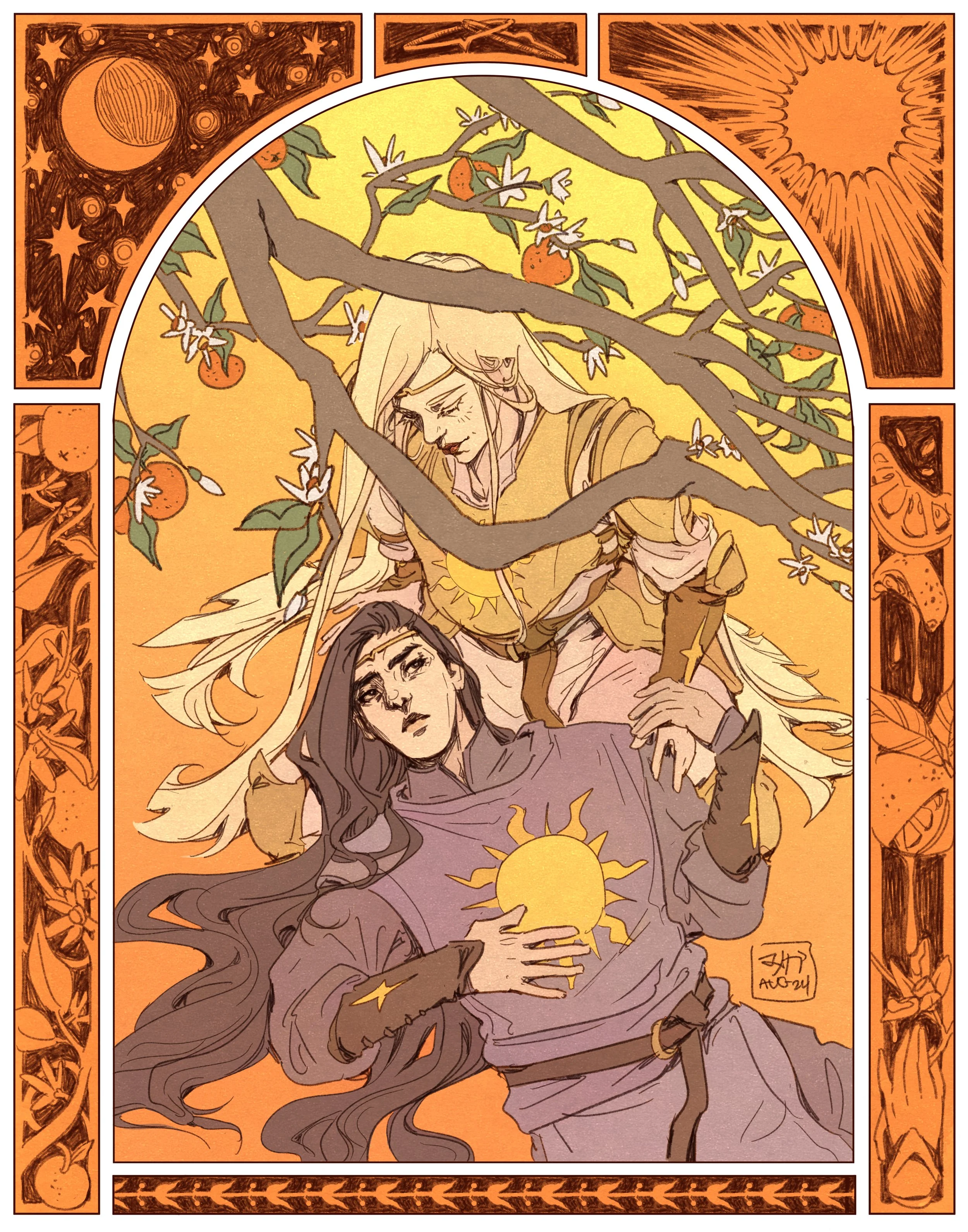 beneath the orange trees