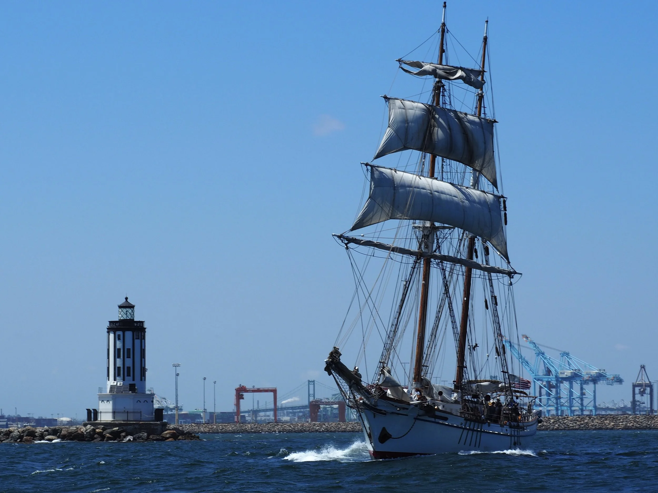 Who better to greet us as we entered Angel’s Gate — the busiest modern port in the U.S. — than an old square rigger? This is the Irving Johnson, technically a hermaphrodite brig, launched in 2002 after some plan adjustments made by our favorite naval architect, Bill Crealock.