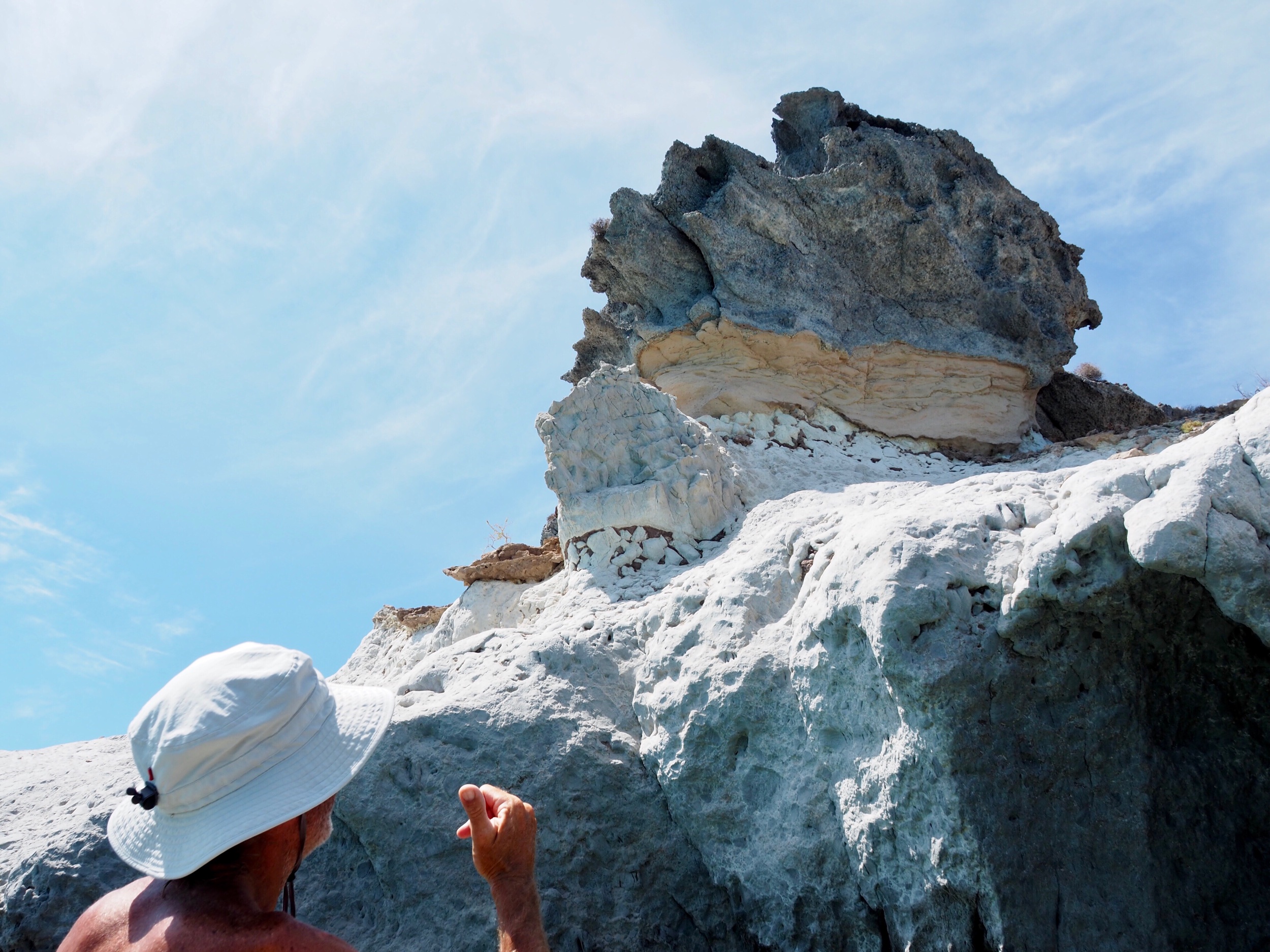I was a geology major in college until I realized I actually loved hiking more than I loved science, but Baja is paradise for rock nuts like us. I did at least learn enough to tell you that white stuff is a conglomerate ash, evidence of a massive volcanic event that would have been pretty amazing to witness if it wouldn’t have been your last sight. (The folks in Pompeii probably glimpsed something like this too.)