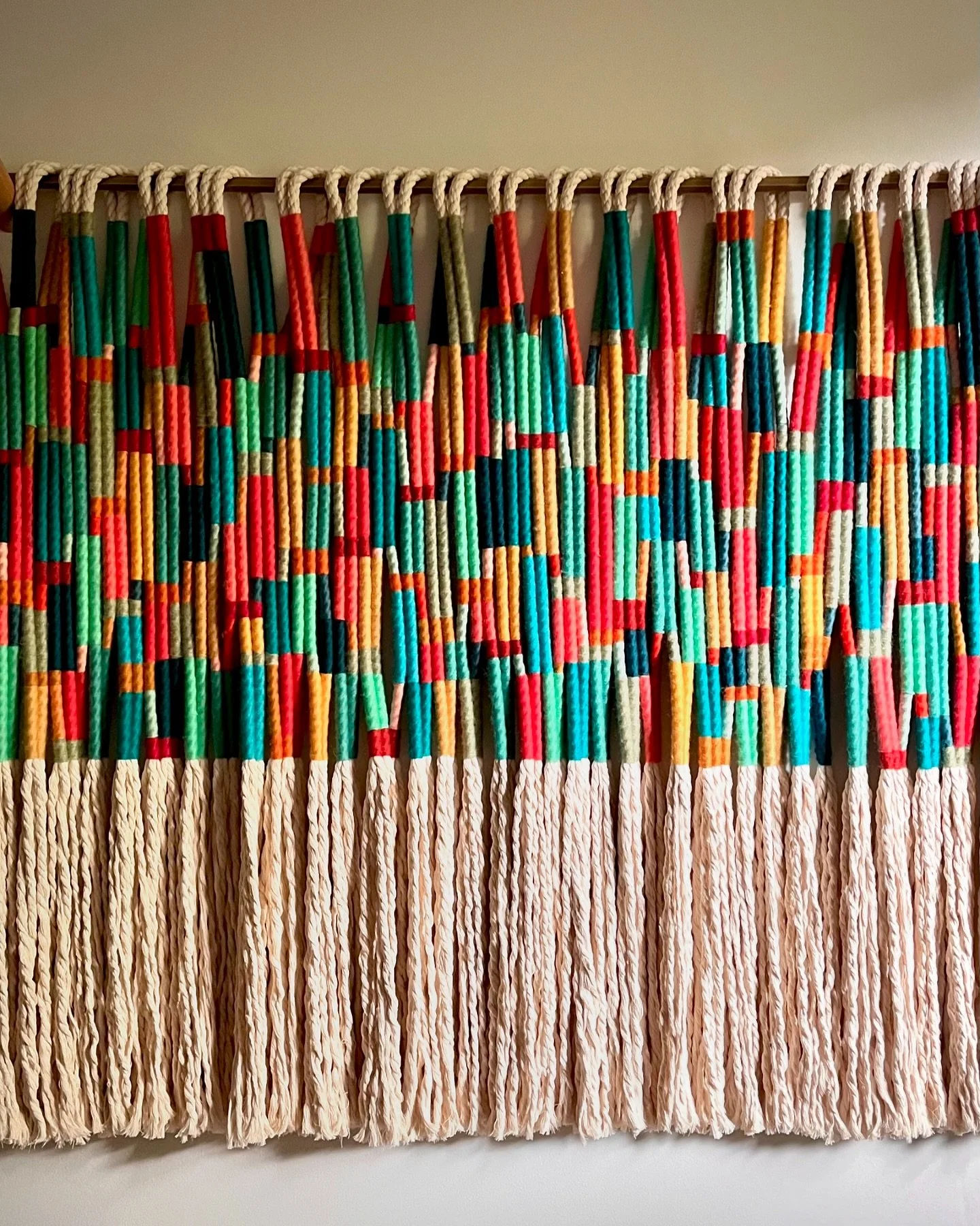 Custom commission ✨ this palette was inspired by the owner&rsquo;s colorful Fiestaware collection 🩵 #textileart #fiberart #fiberartist #tapestry