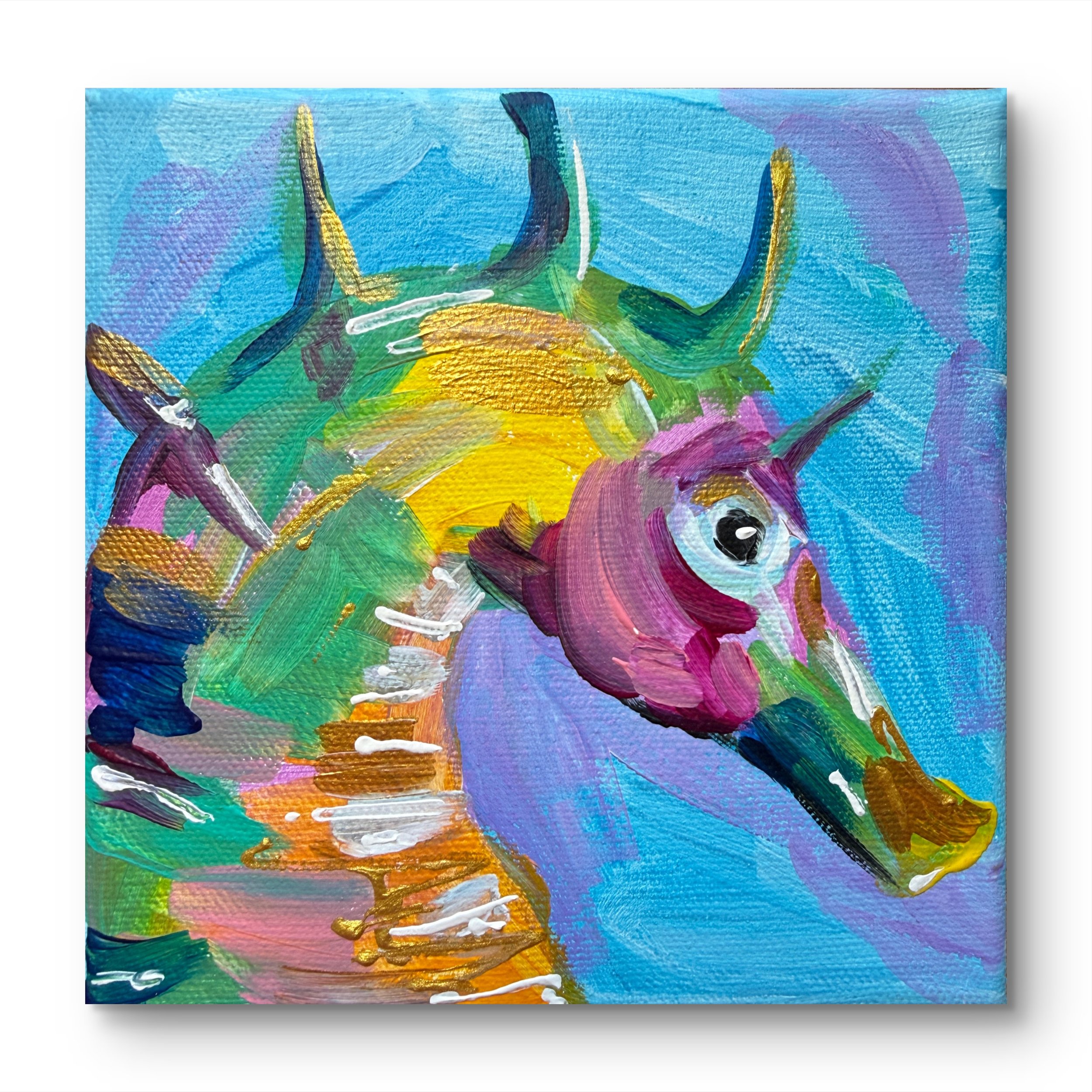 Seahorse with Gold Accents 6x6 Impressionistic Original Art Ocean Decor