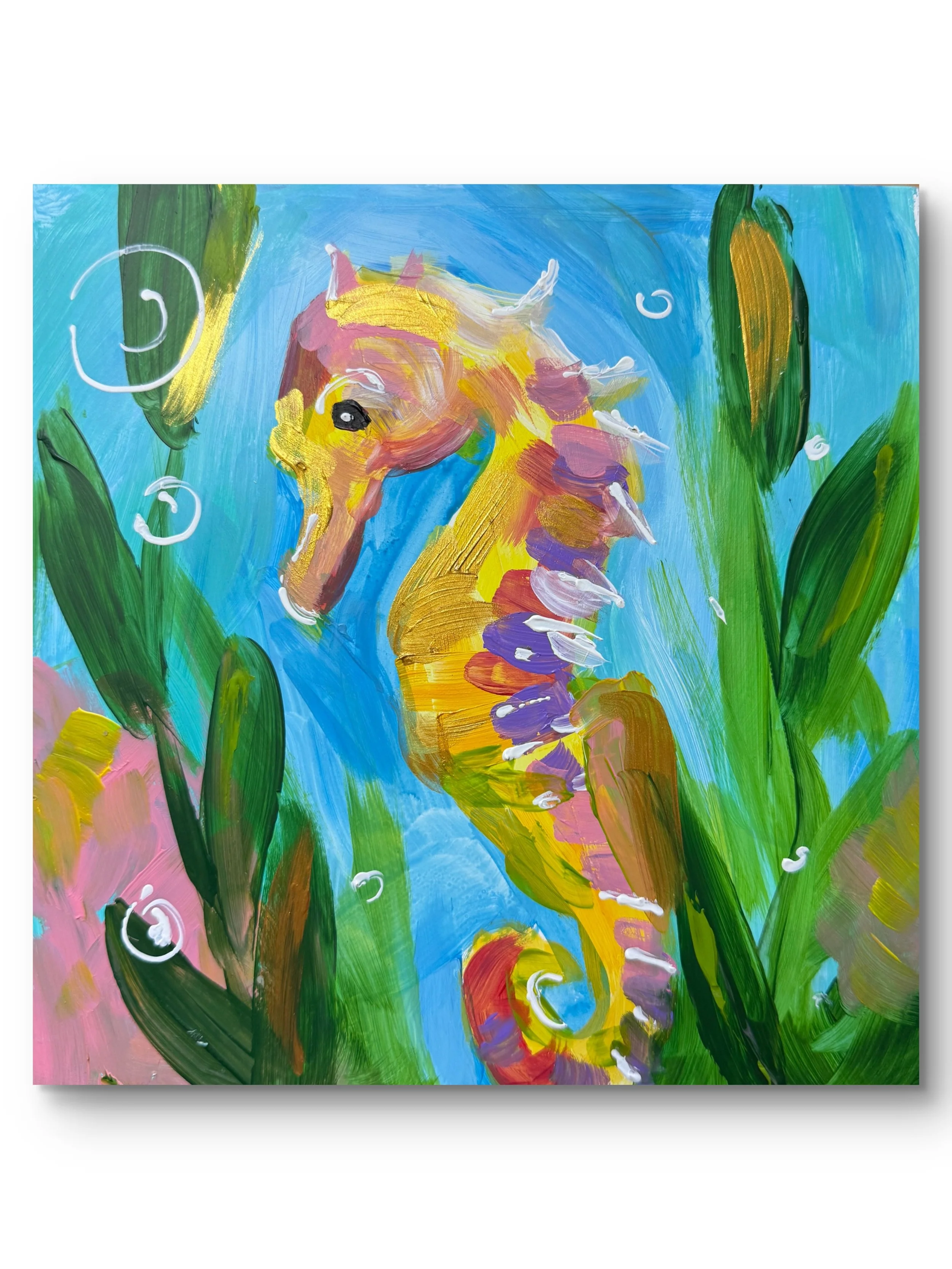 SEAHORSE 10x10 IMPRESSIONISTIC Original Fine Art Acrylic Painting on Wood Panel