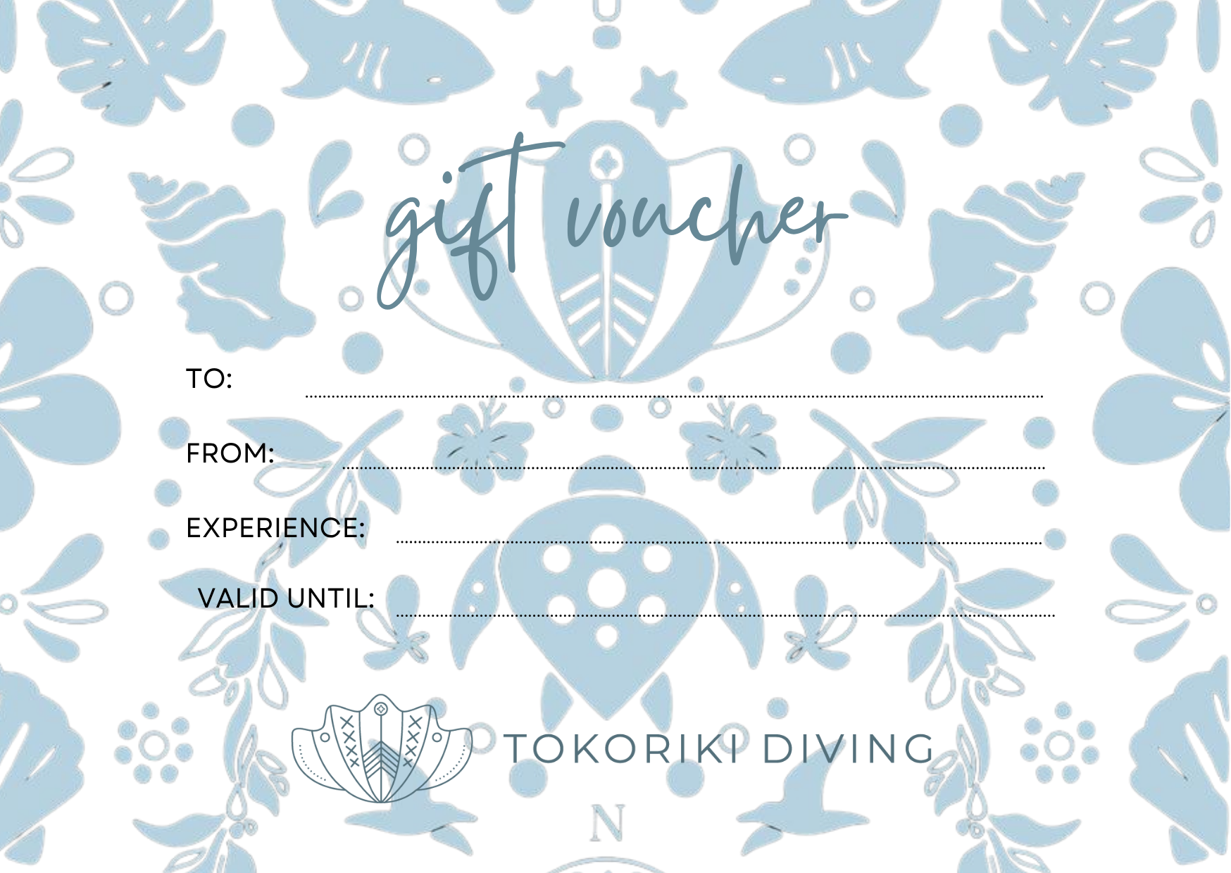 A gift voucher with a blue and white tropical-themed background featuring butterflies, flowers, and a ladybug. The voucher has spaces to fill in recipient, sender, experience, and expiration date.