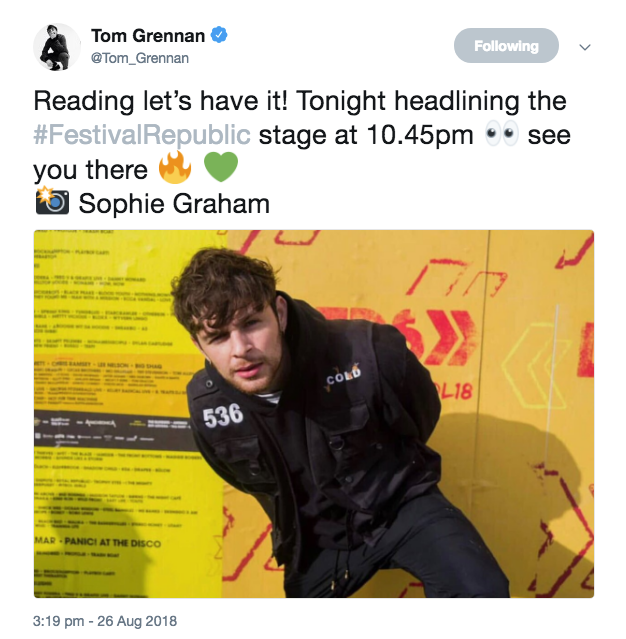  Link:  https://twitter.com/Tom_Grennan/status/1033720524239790080  