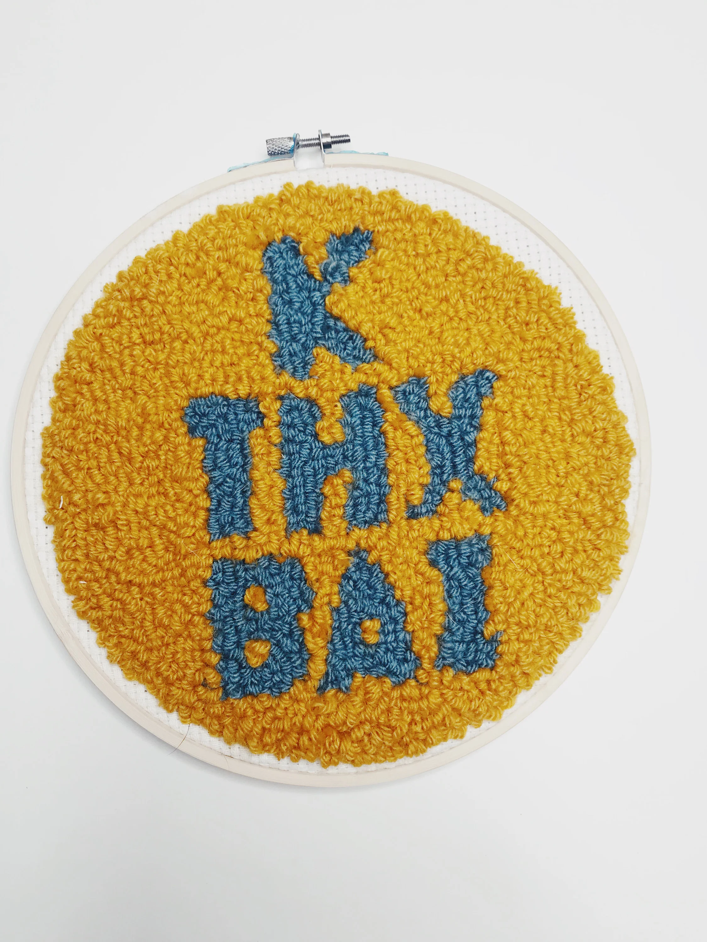 “KThxBai” 10 inch fuzzy round. Click here to check out my Etsy!