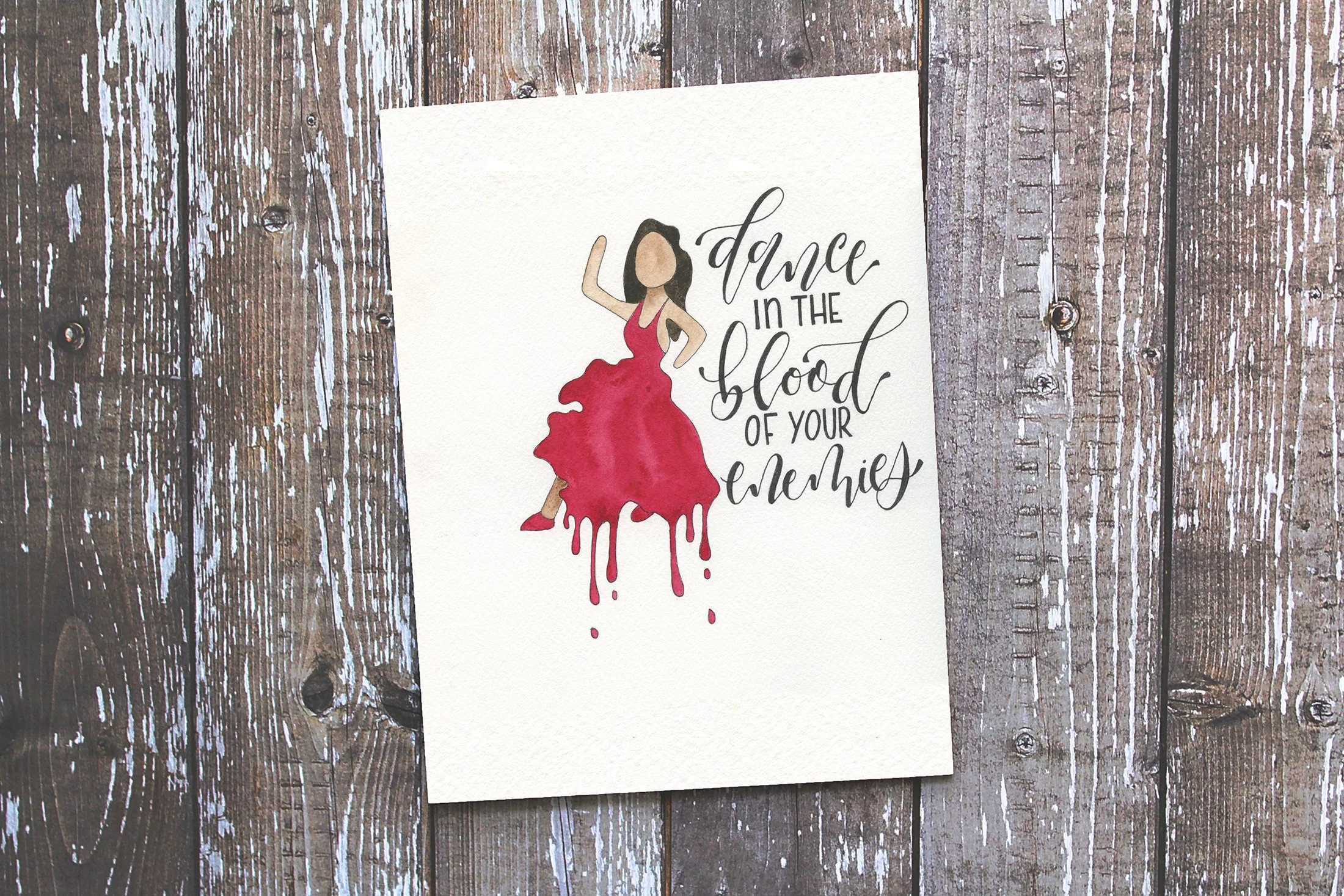 “Dance in the Blood of Your Enemies” lettering with dancing woman emoji illustration. Click here to check out my Etsy!