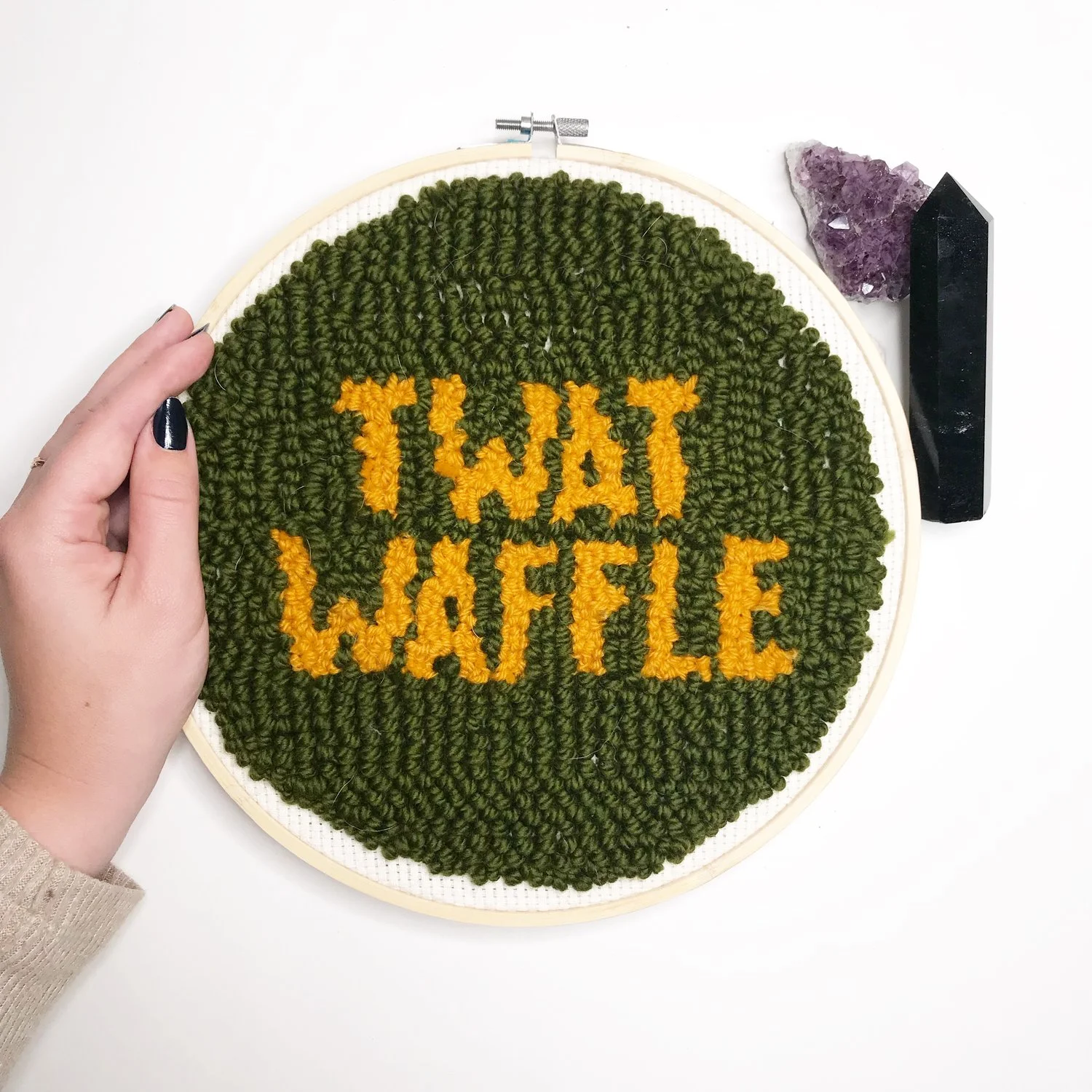 “Twat Waffle” 10 inch fuzzy round. Click here to check out my Etsy!