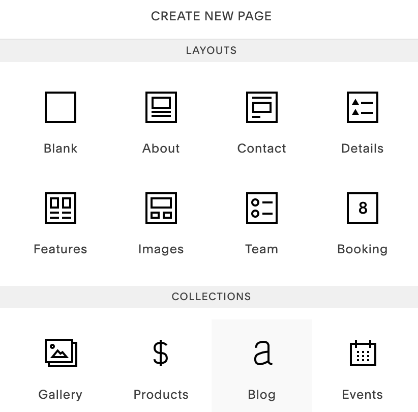 Screenshot of menu where to add a blog to your Squarespace website by Flourish Online Management