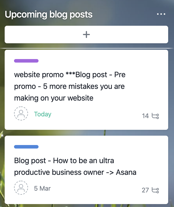 Screenshot of Asana planning board from Flourish Online Management