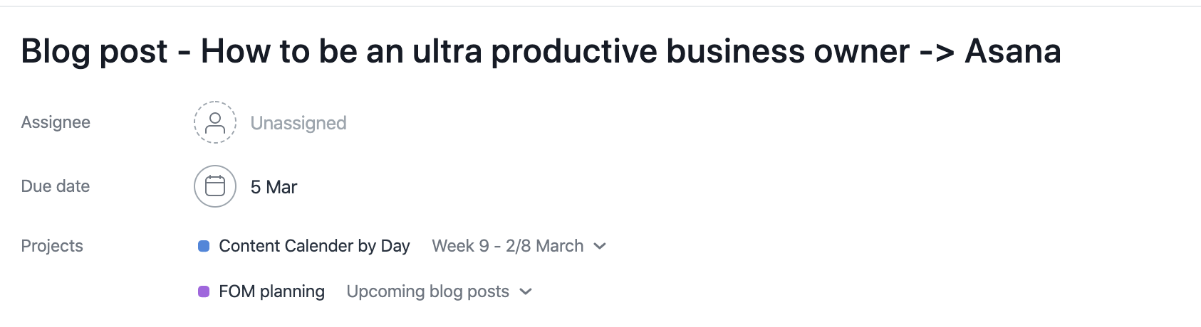 Screenshot of Asana task by Flourish Online Management