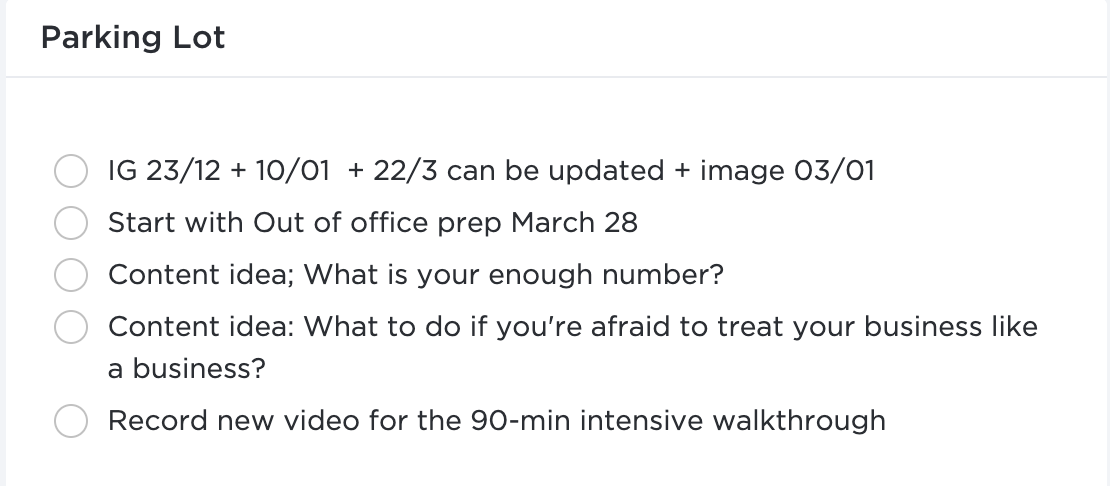 Screenshot of pakring lot in Clickup by Flourish Online Management