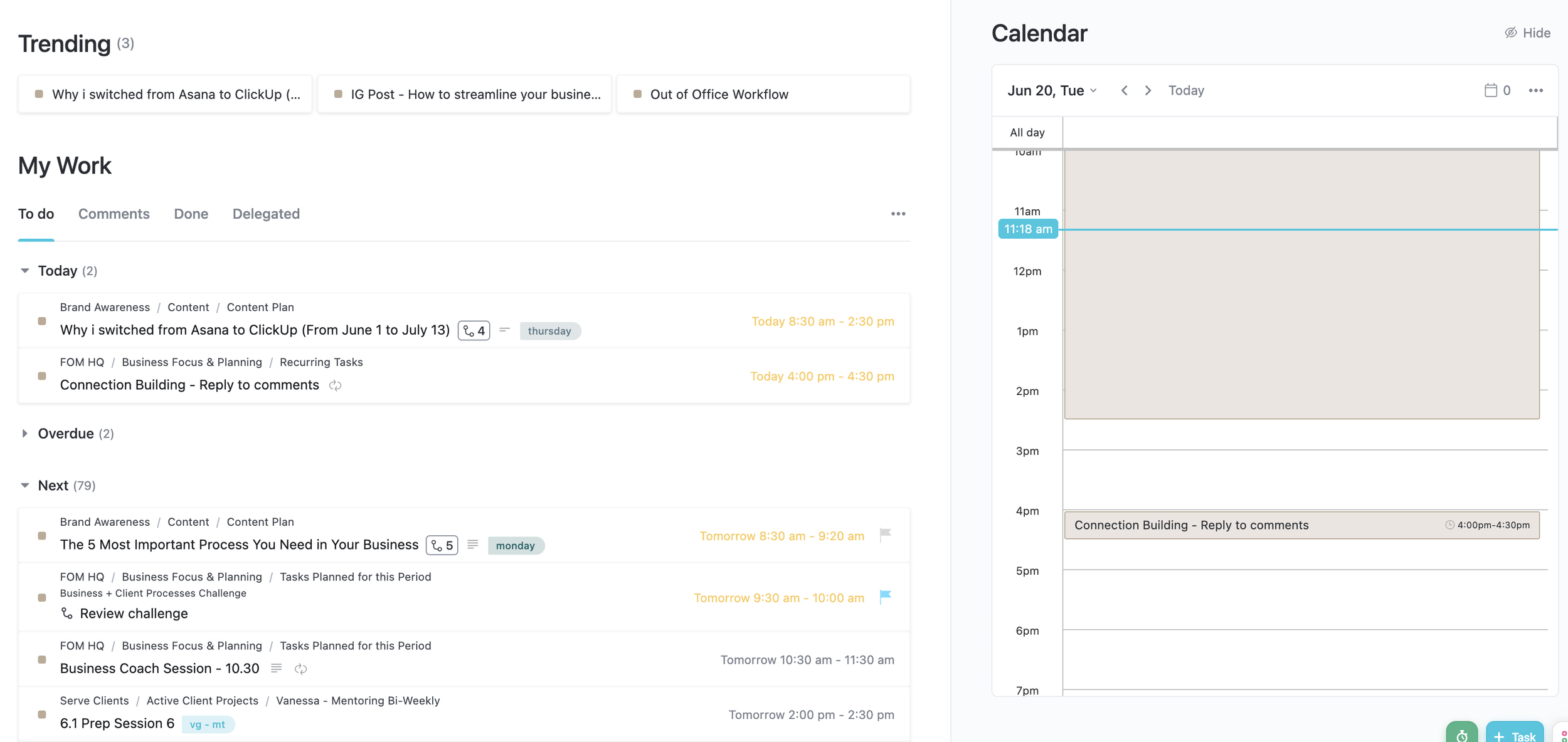 Screenshot ClickUp Home Screen -Dubsado vs ClickUp for Designers, what is the difference by Flourish Online Management - Business Coach for Designers