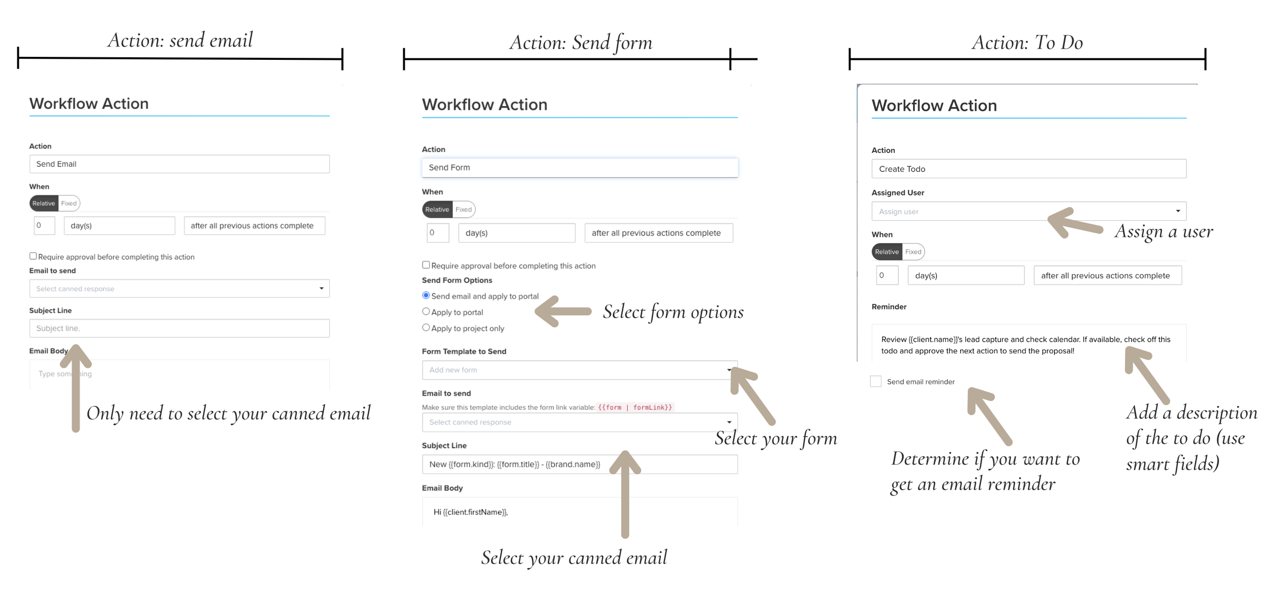 Workflow options vary depending on the action and trigger combination - Dubsado setup checklist for designers by Flourish Online Management - Business Coach for Designers