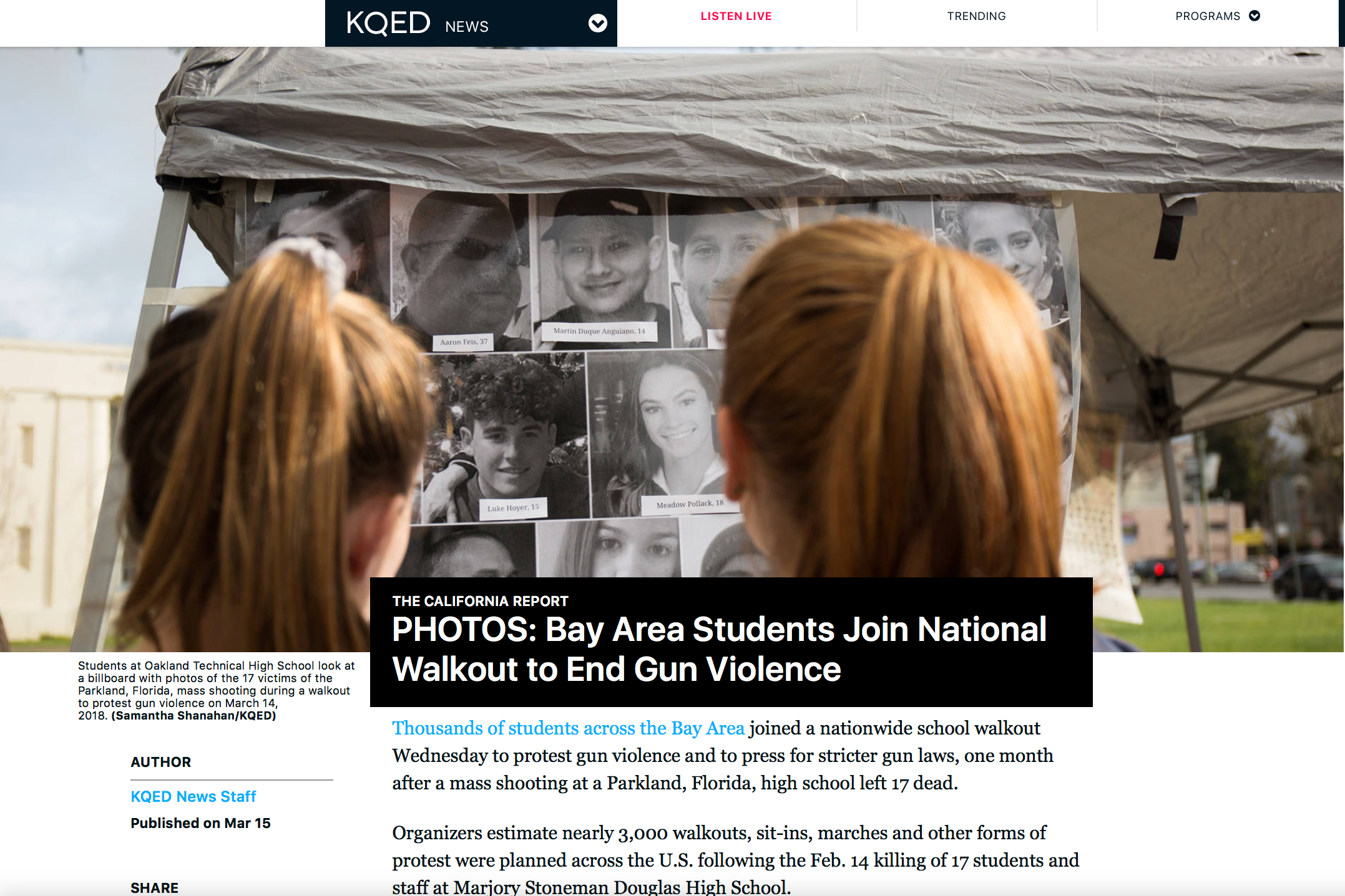 (KQED) Bay Area Students Join National Walkout to End Gun Violence