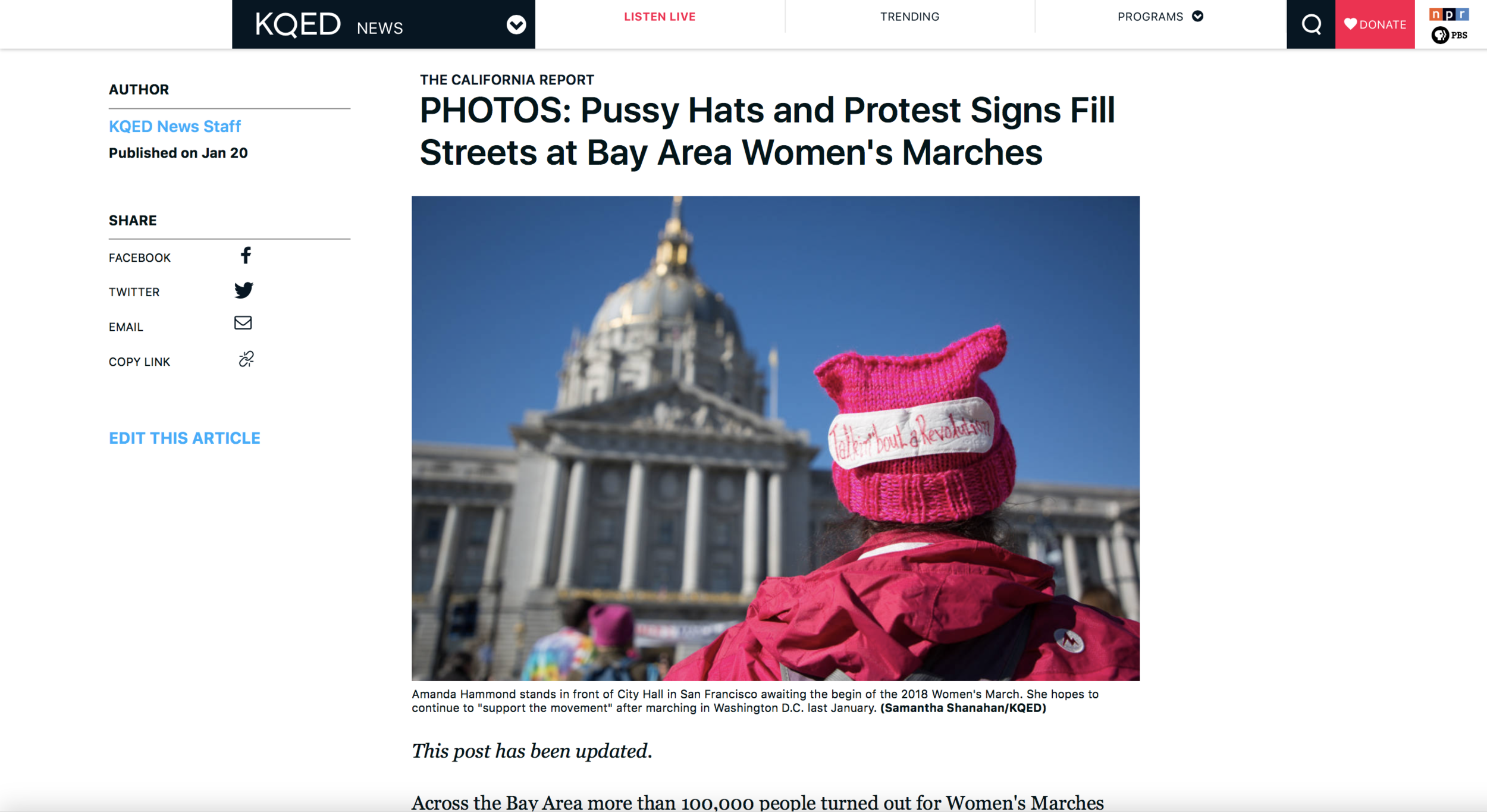 (KQED/The California Report) Pussy Hats and Protest Signs Fill Streets at Bay Area Women's Marches