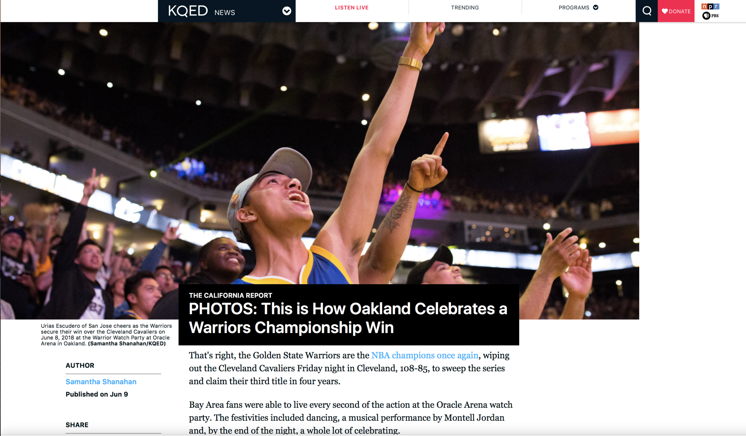 (KQED/The California Report) PHOTOS: This is How Oakland Celebrates a Warriors Championship Win