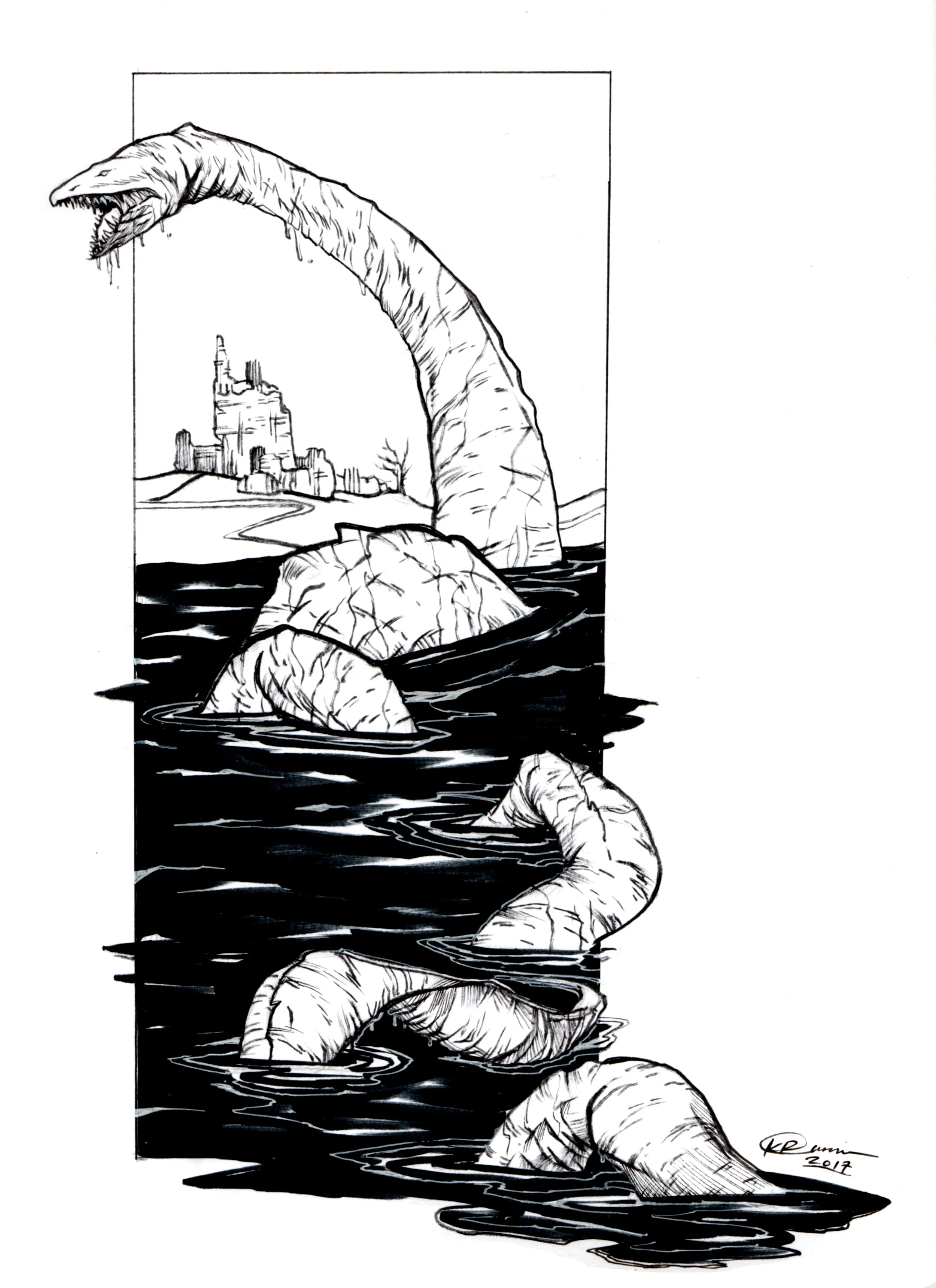 Inktober Day 4: Lochness Monster - Original Artwork