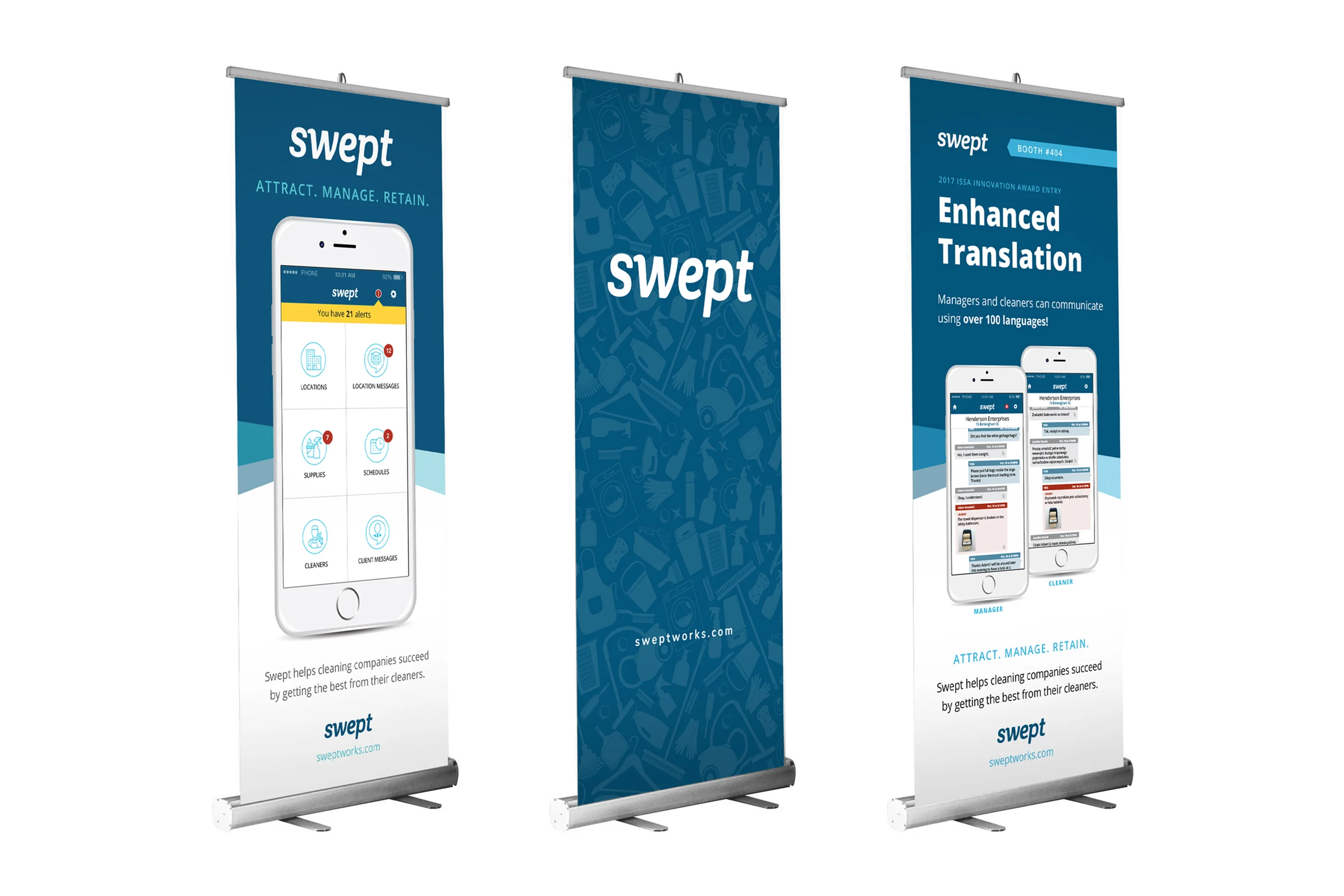 Roll-up banner designs used to promote Swept at trade shows.