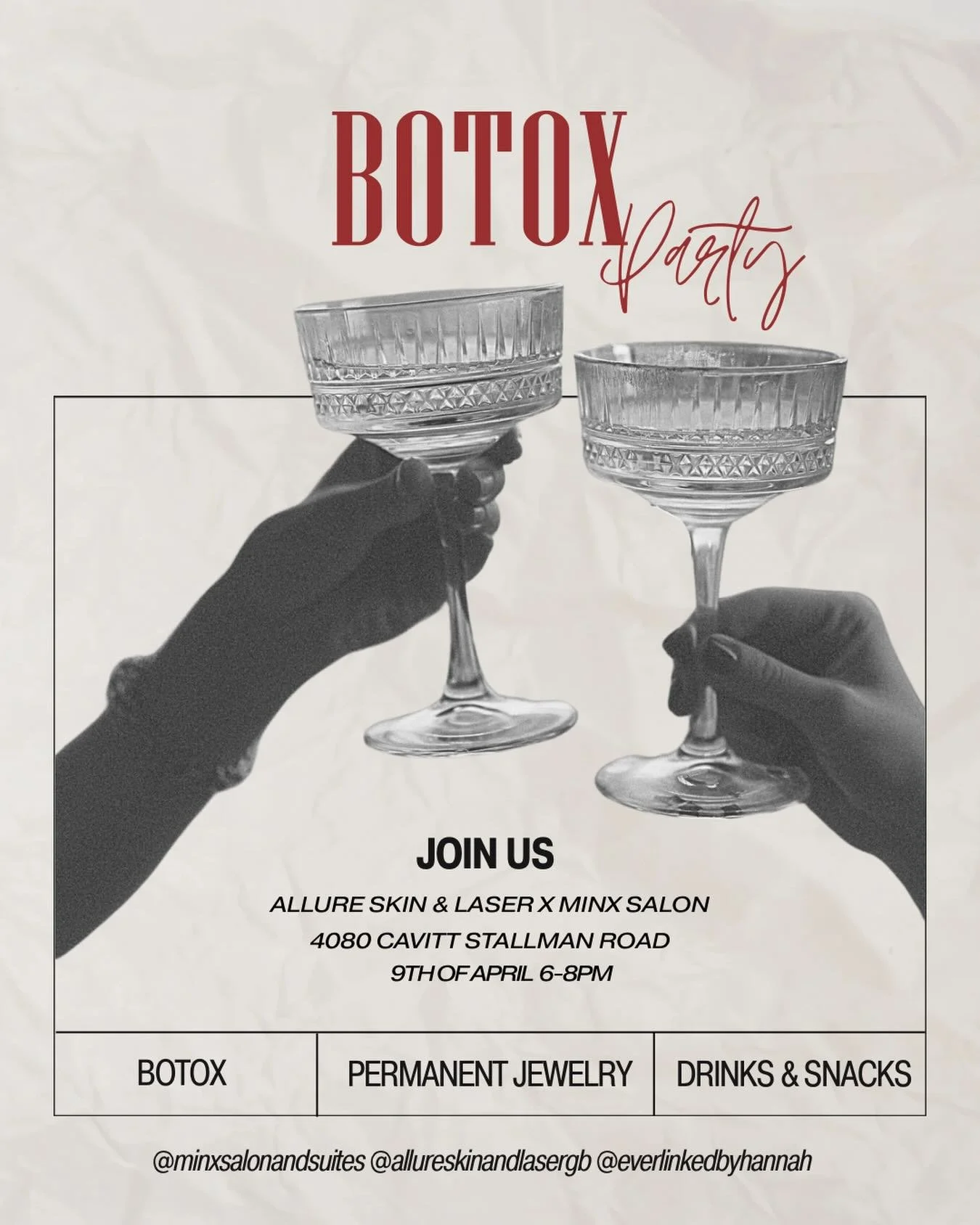 The perfect midweek reset 🥂 Grab your girls and come treat yourself✨Thursday April 9th 6-8pm✨ see you at @allureskinandlasergb