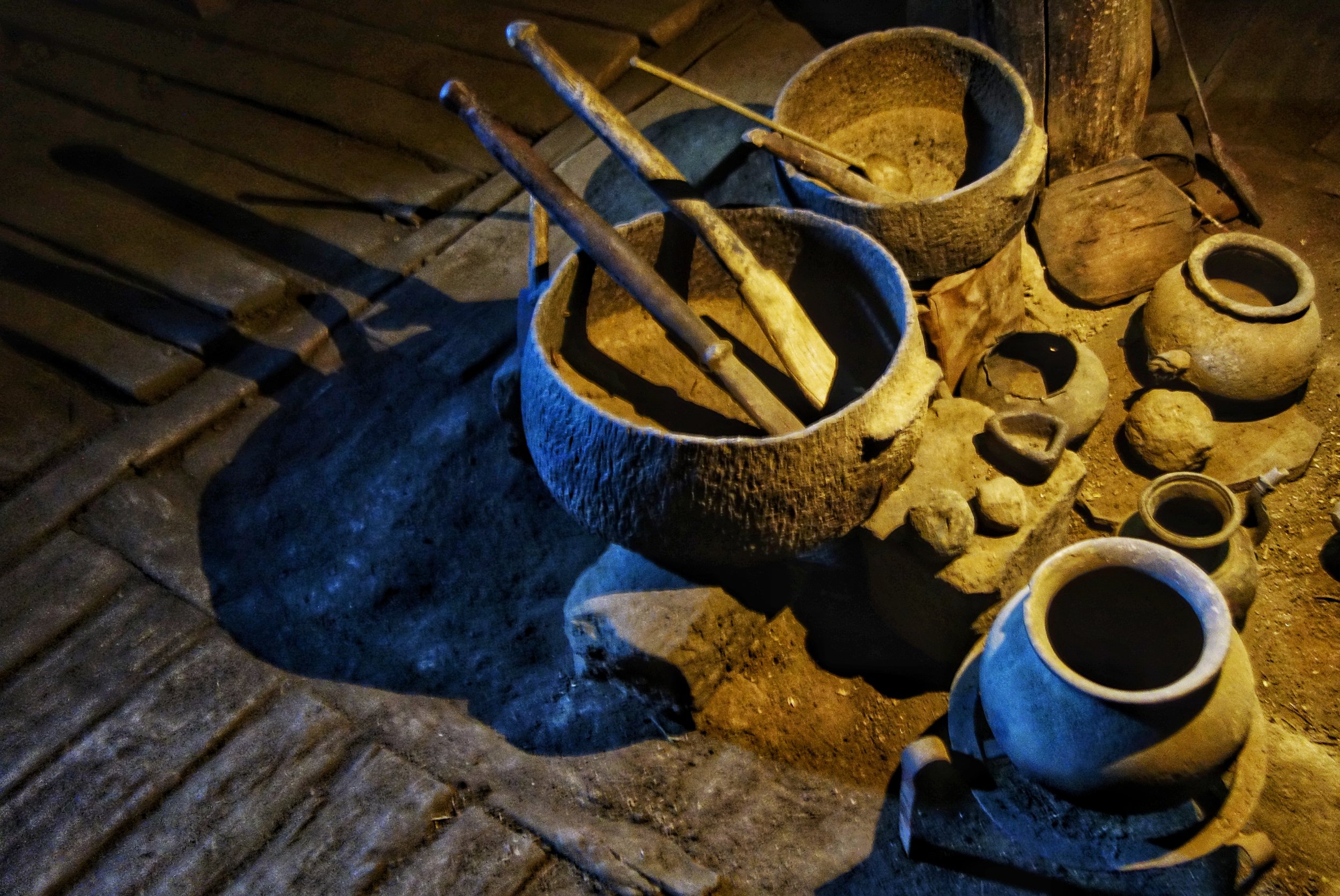 Kitchen items, pots and pans.